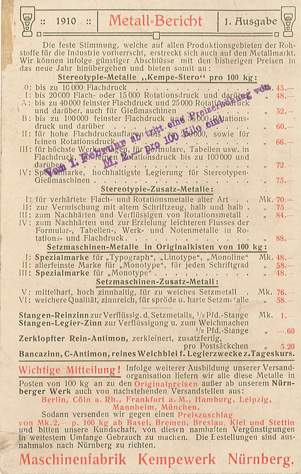 Preisliste Metallbericht, 1. Ausgabe, 1910 (Museum Wolmirstedt RR-F)