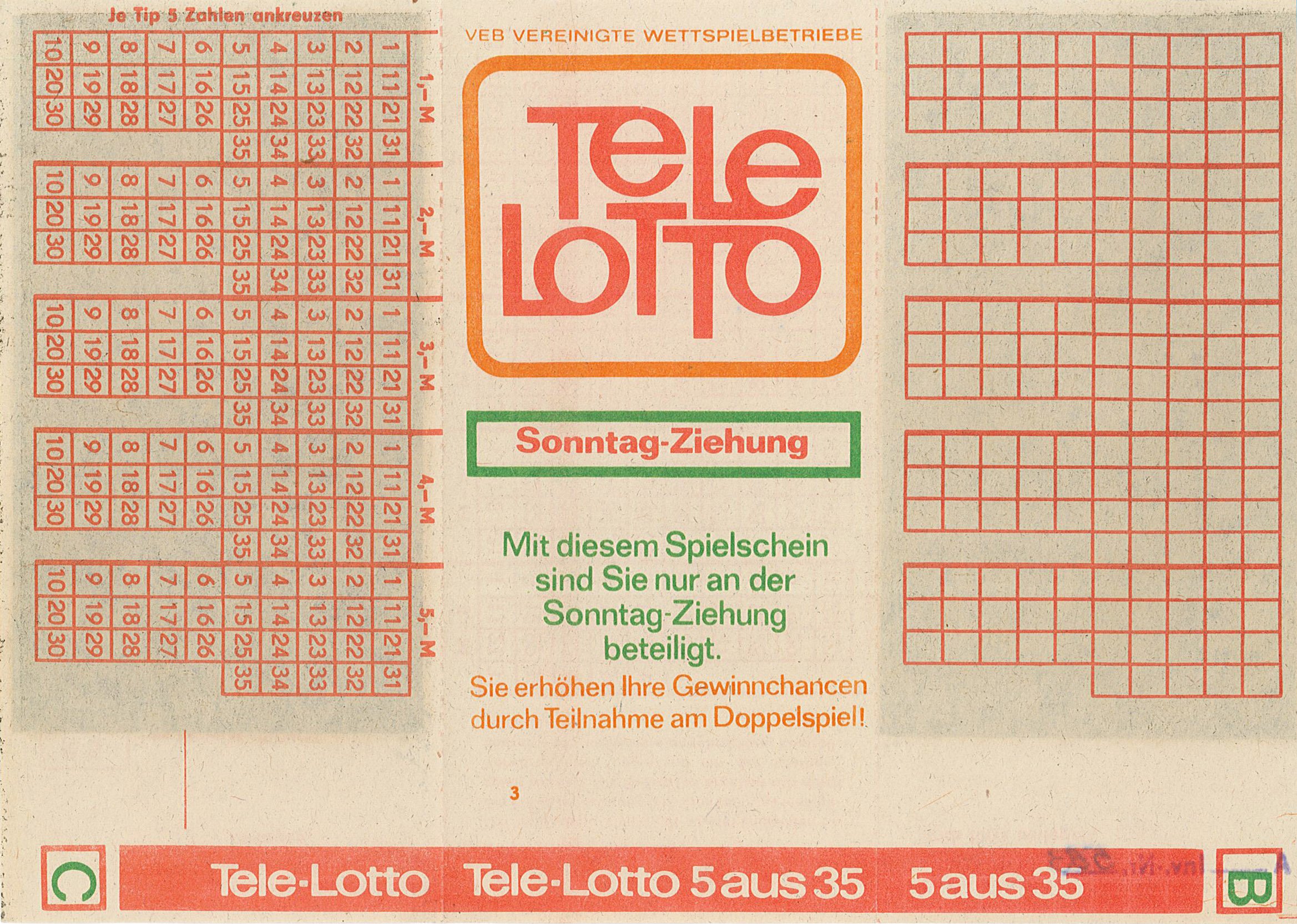 Lotto- Schein Sonntagsziehung, Tele-Lotto (Museum Wolmirstedt RR-F)