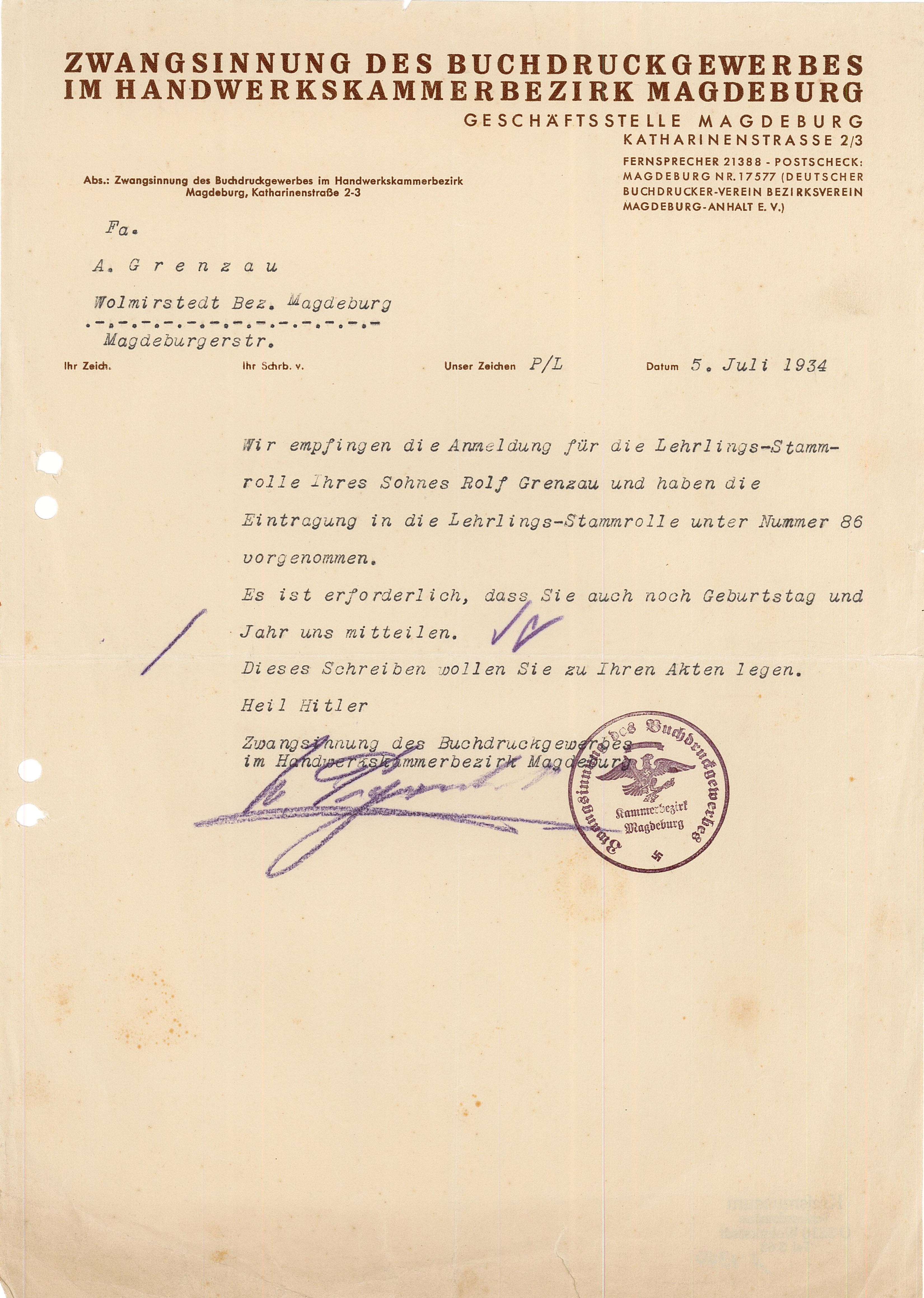 Anmeldnung f. d. Lehrlingsstammrolle Rolf Grenzau - 1934 (Museum Wolmirstedt RR-F)