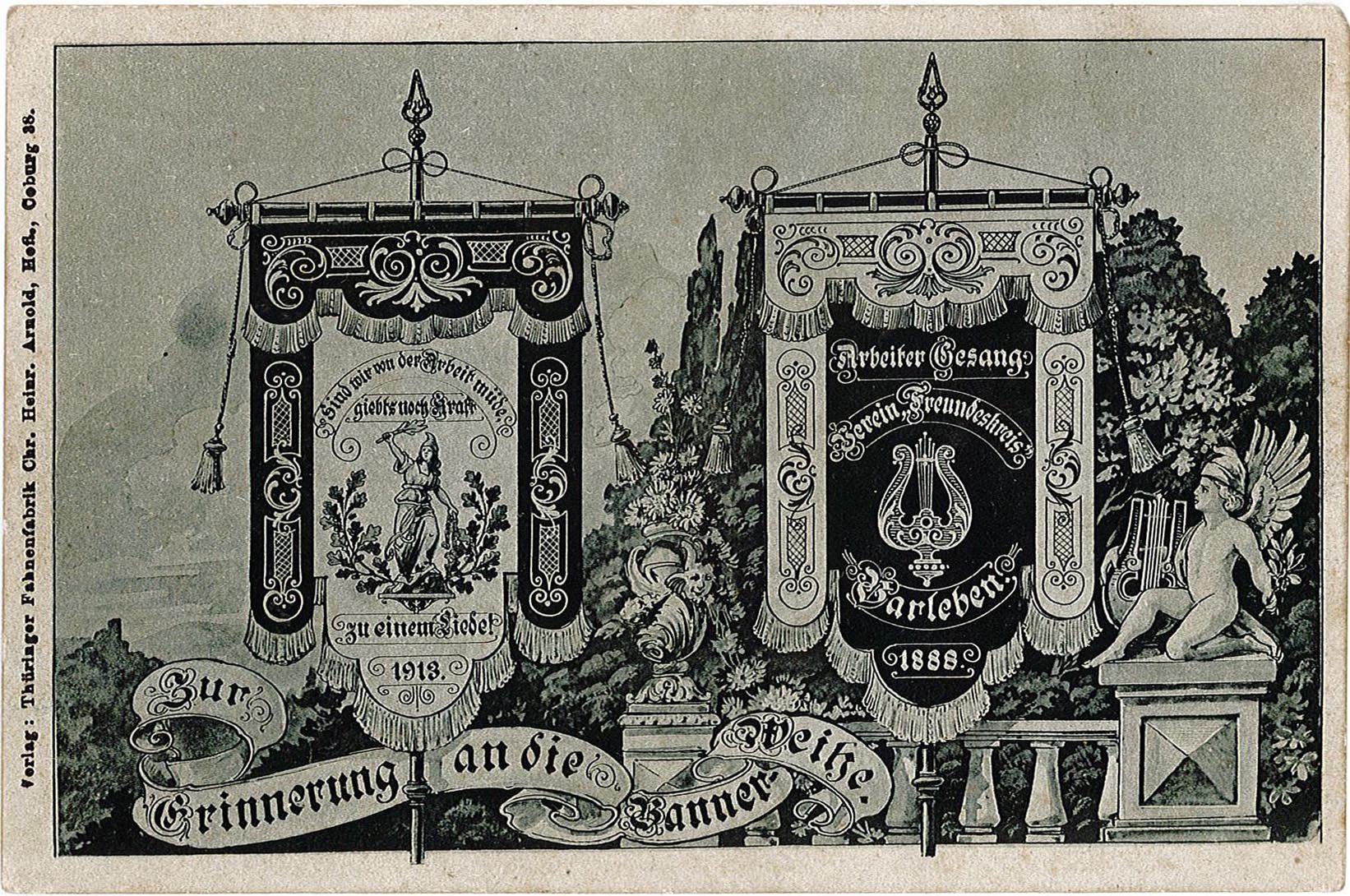 Postkarte zur Bannerweihe Arbeiter-Gesangs-Verein "Freundeskreis" Barleben, 1913 (Museum Wolmirstedt RR-F)