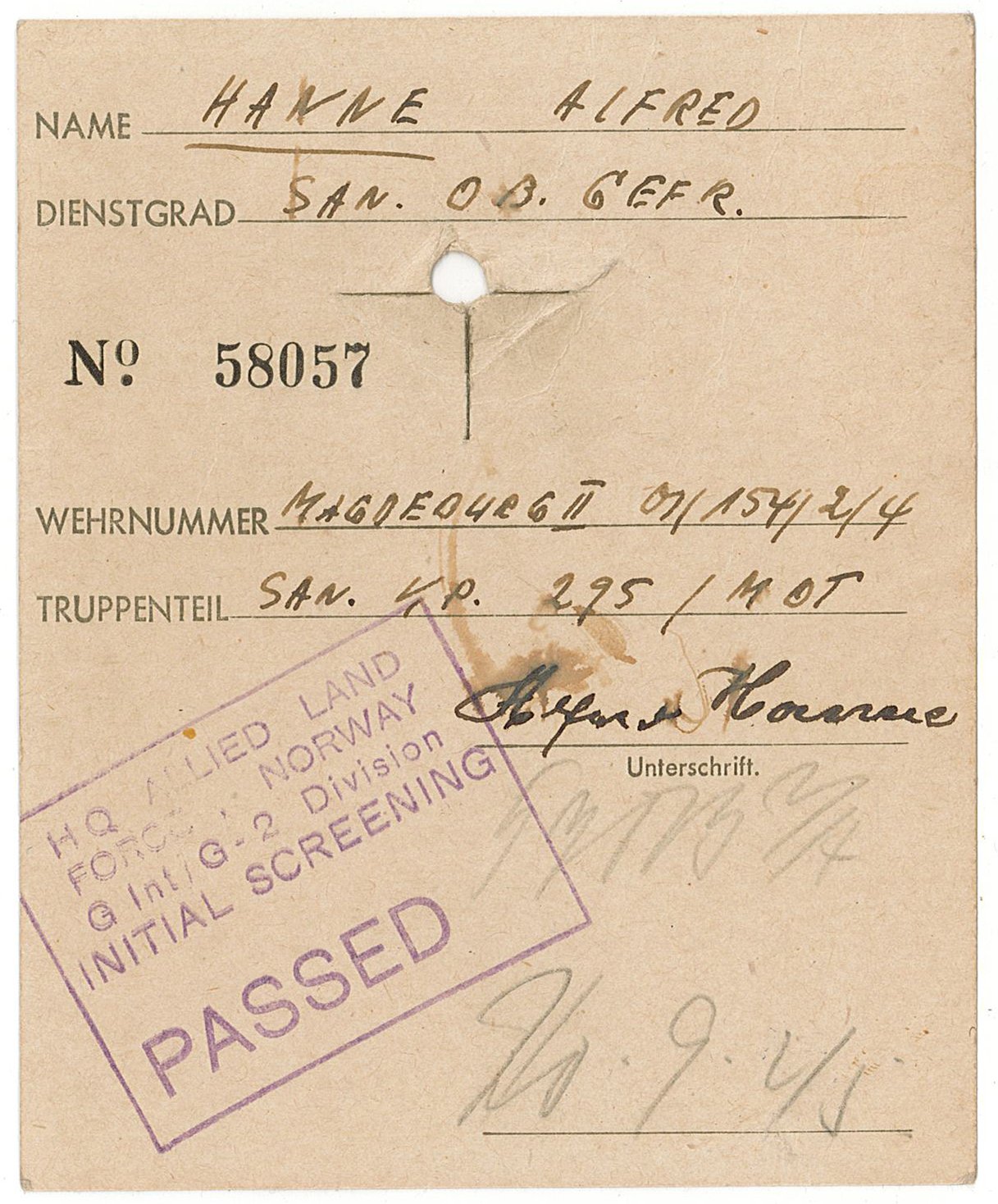 Ausweiskarte für den Soldaten Alfred Hanne, 20.09.1945 (Museum Wolmirstedt RR-F)