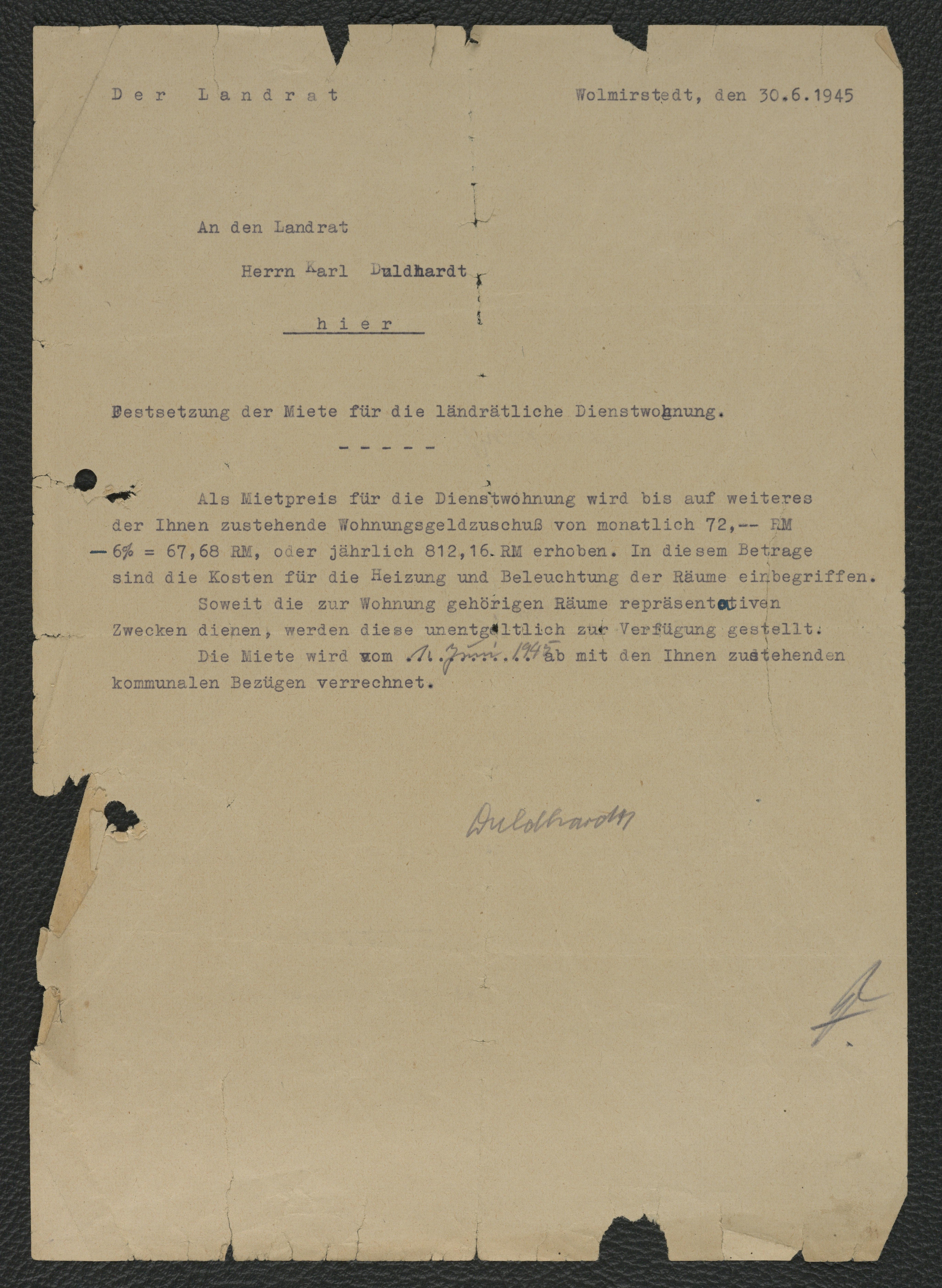Mietbescheid zur Dienstwohnung von Karl Duldhardt, 30. Juni 1945 (Museum Wolmirstedt RR-F)