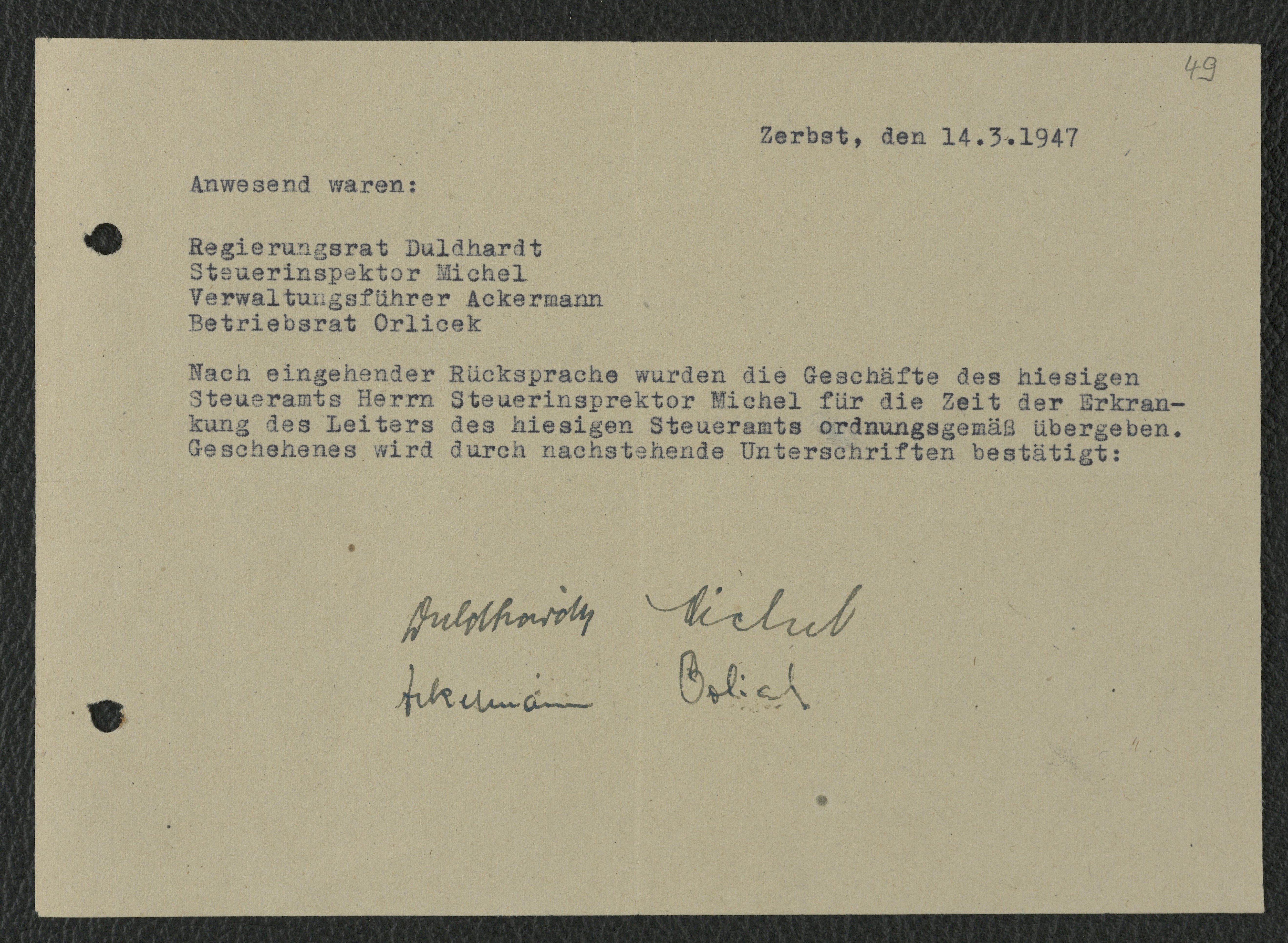 Erklärung zum Geschäftsübergang während des Krankenstandes von Karl Duldhardt, 14. März 1947 (Museum Wolmirstedt RR-F)