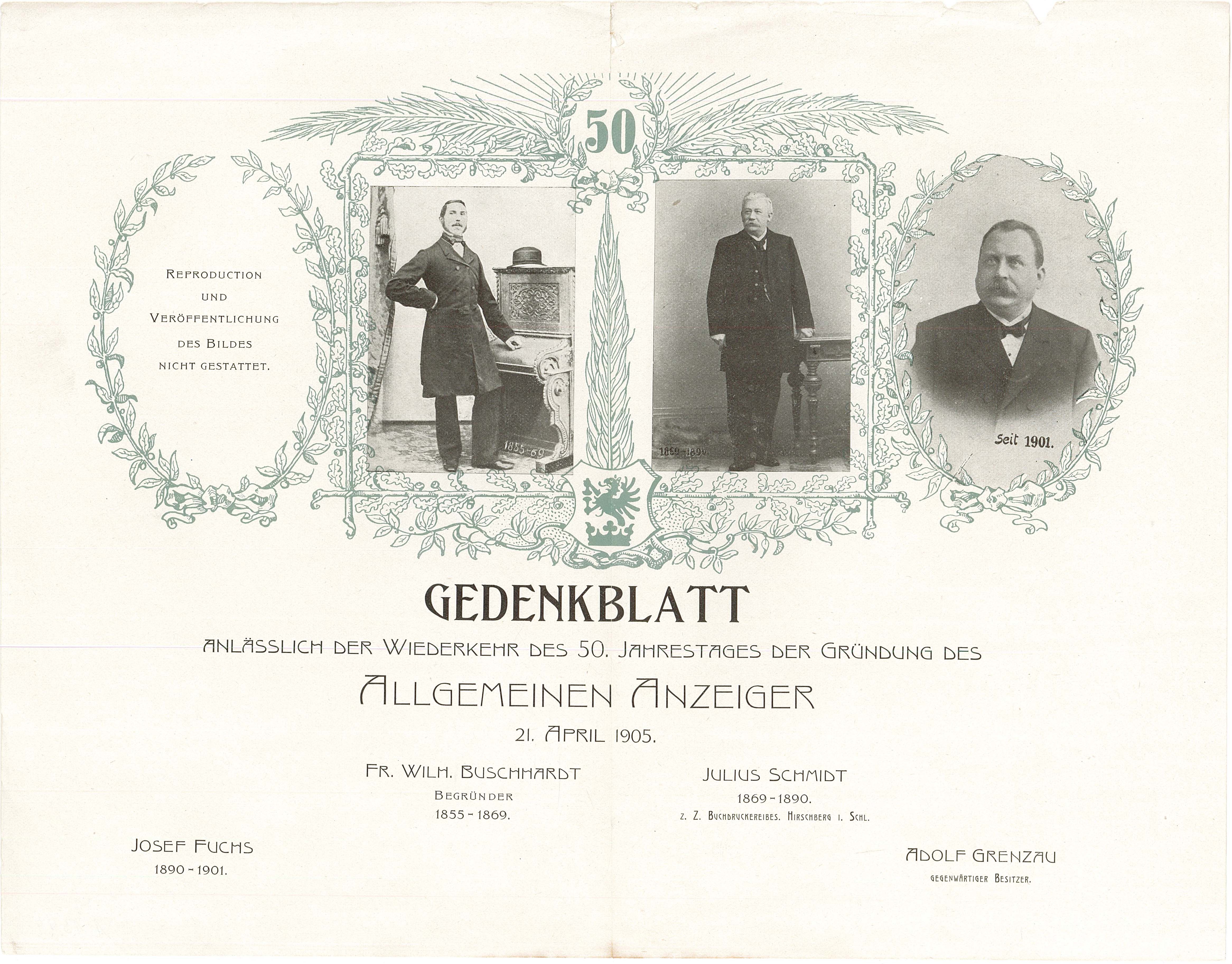 Gedenkblatt zum 50. Jahrestag der Gründung des Allgemeinen Anzeigers, 21. April 1905 (Museum Wolmirstedt RR-F)