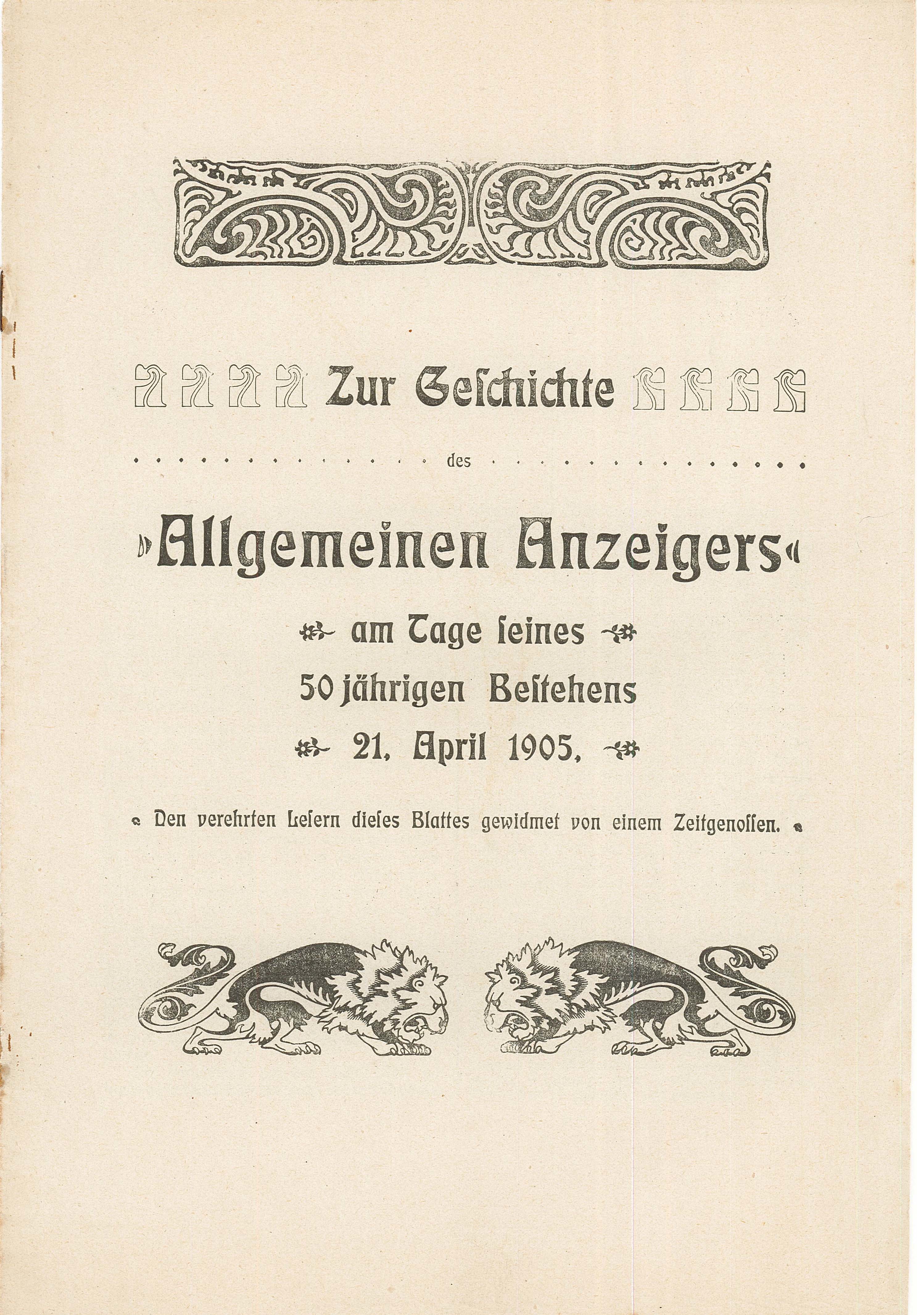 Broschüre zum 50-jährigen Bestehens des Allgemeinen Anzeigers, 21. April 1905 (Museum Wolmirstedt RR-F)