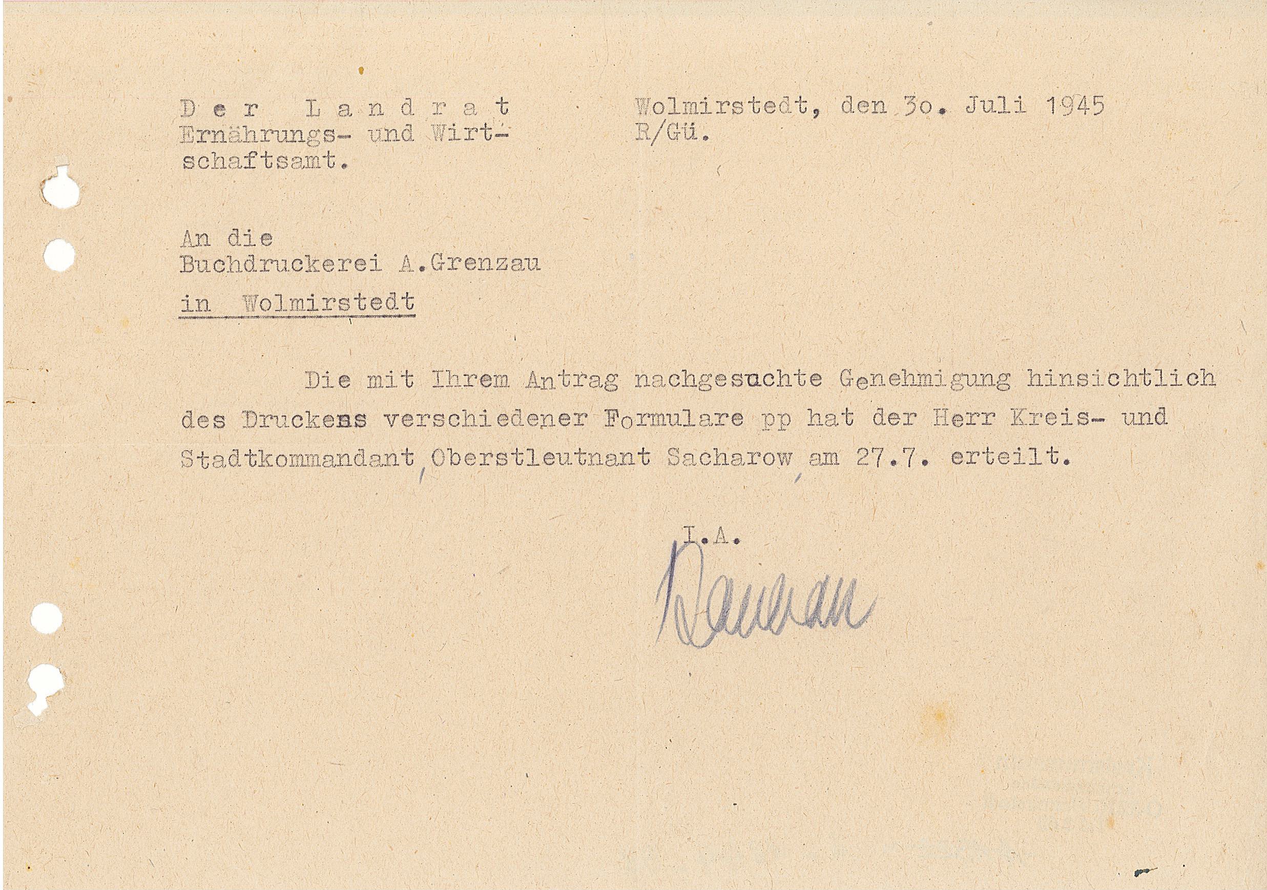 Genehmigung des Druckens verschiedener Formulare - 30.07.1945 (Museum Wolmirstedt RR-F)