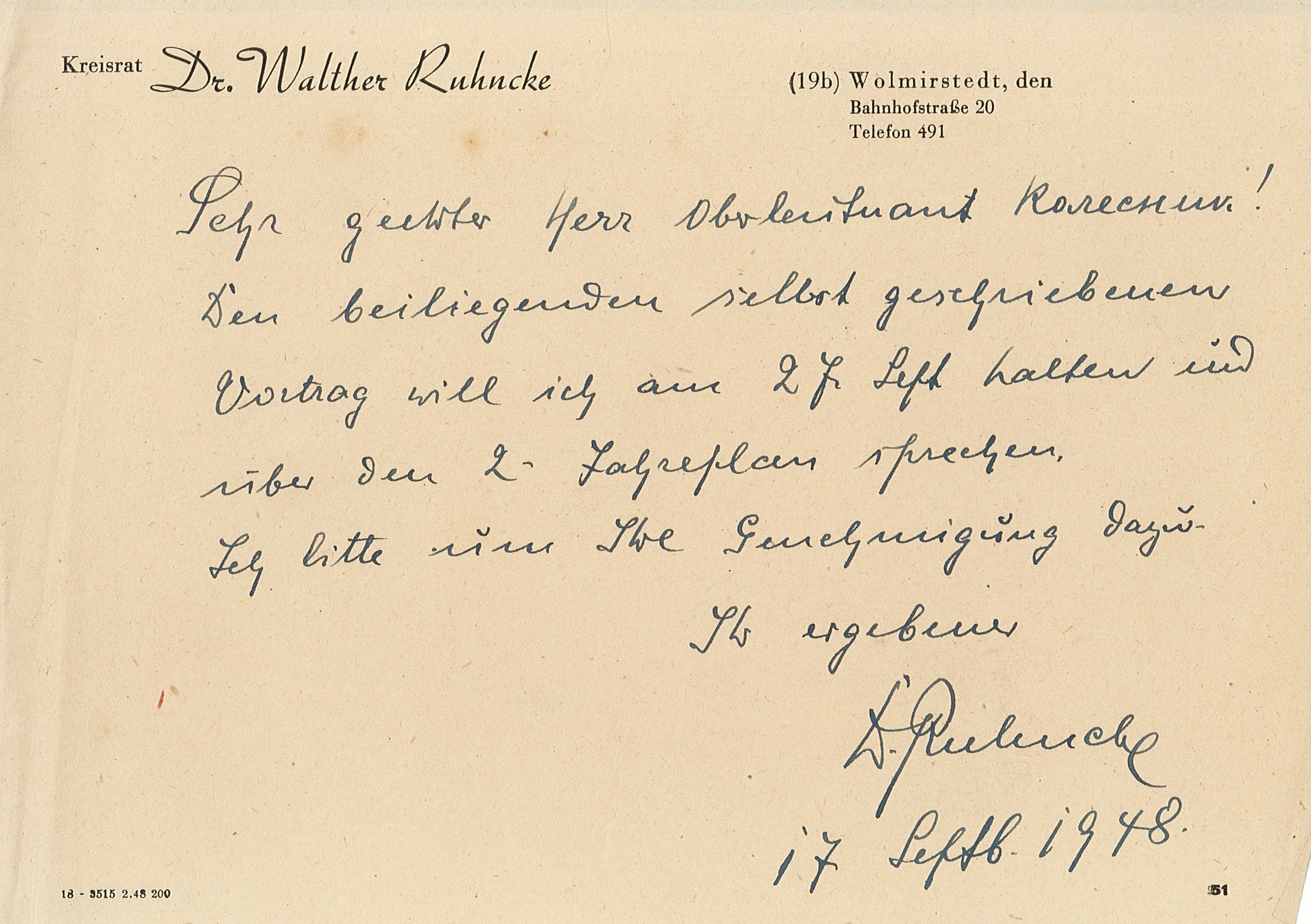 Anschreiben für Übergabe Vortragsinhalt zur Prüfung an Kreiskommandatur Wolmirstedt, 17.09.1948 (Museum Wolmirstedt RR-F)