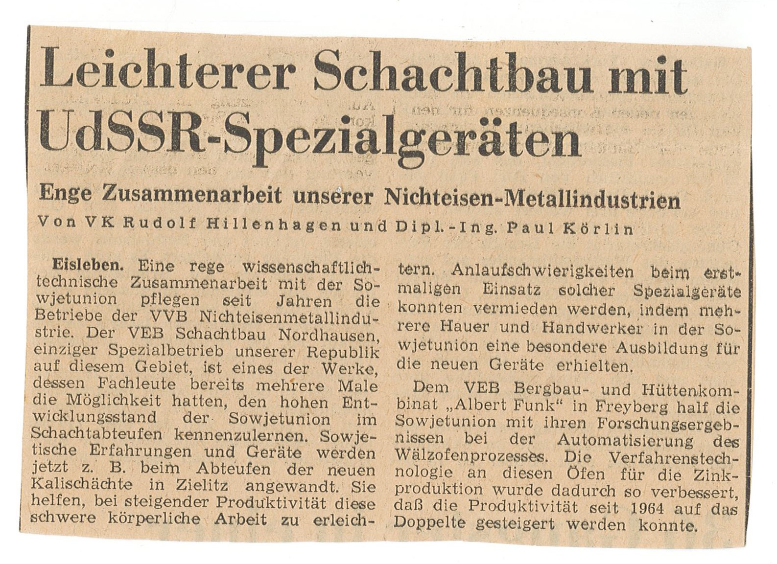 Zeitungsartikel "Leichterer Schachtbau mit UdSSR-Spezialgeräten" (Museum Wolmirstedt RR-F)