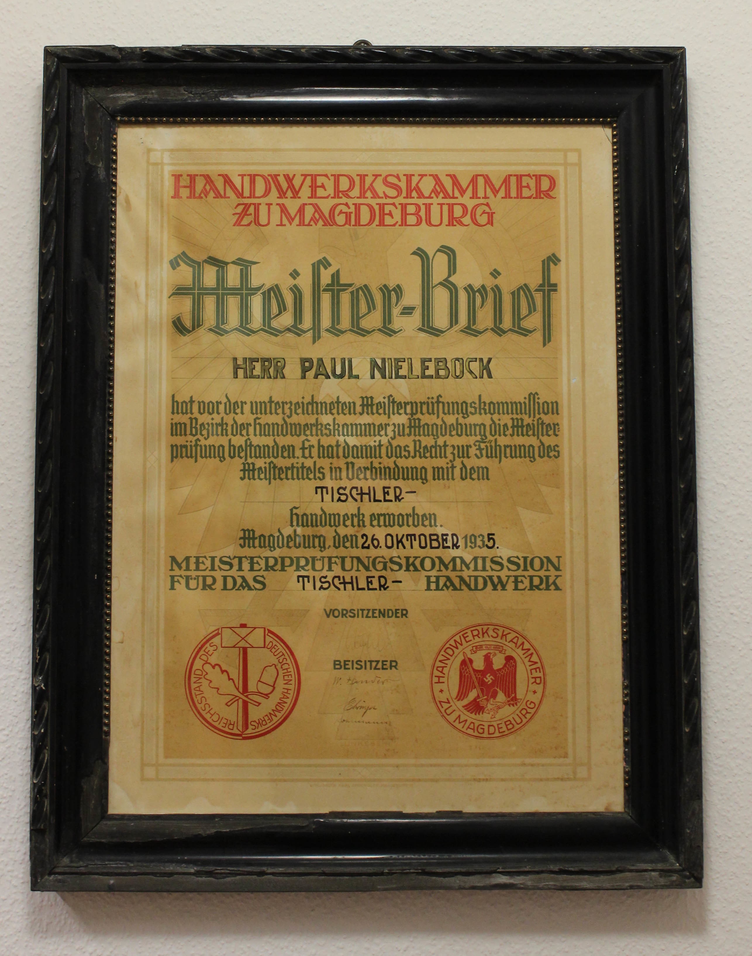 gerahmter Meisterbrief, Paul Nielebock (Museum Wolmirstedt RR-F)