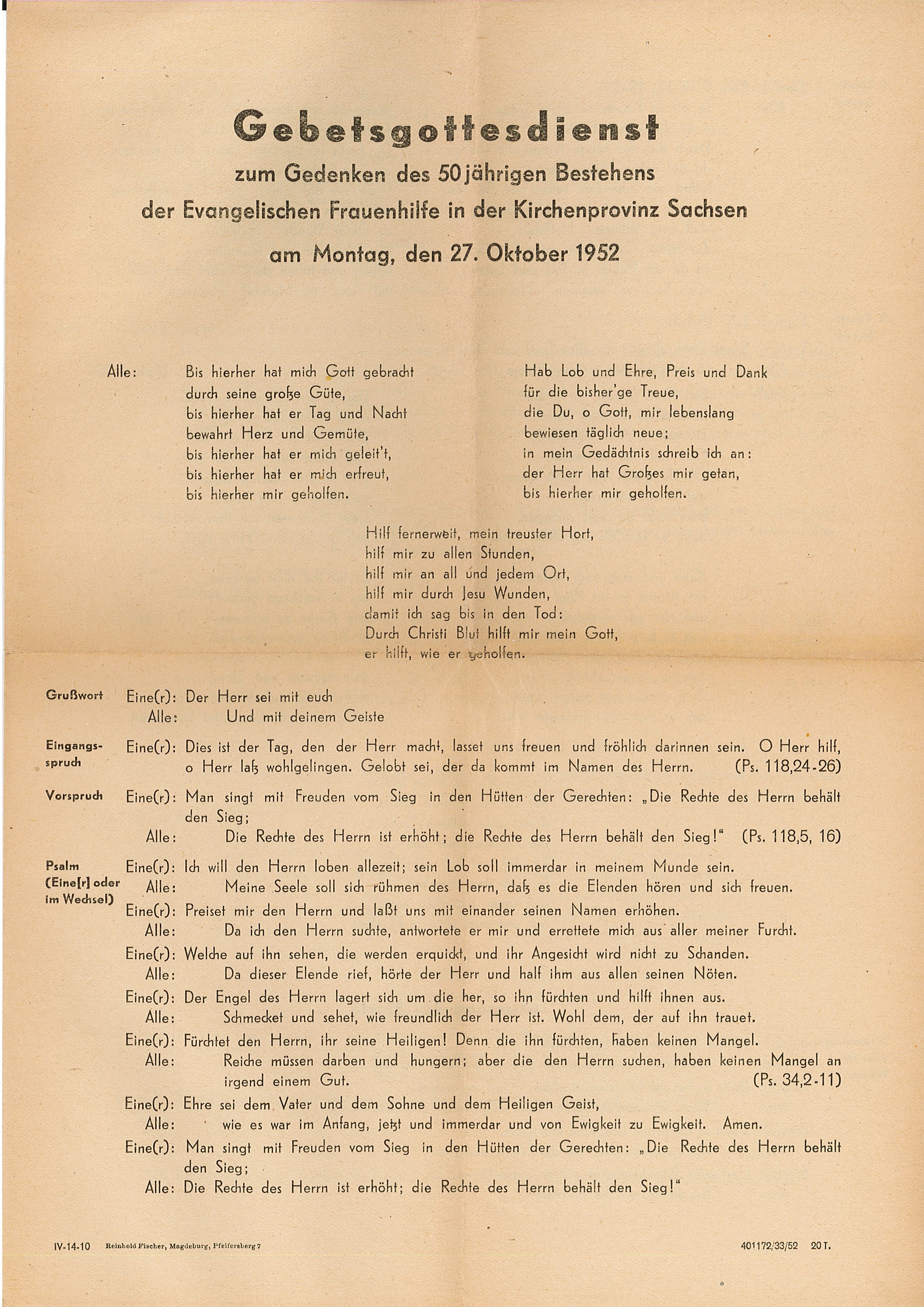 Textblatt zum Gebetsgottesdienst, 27. Oktober 1952 (Museum Wolmirstedt RR-F)