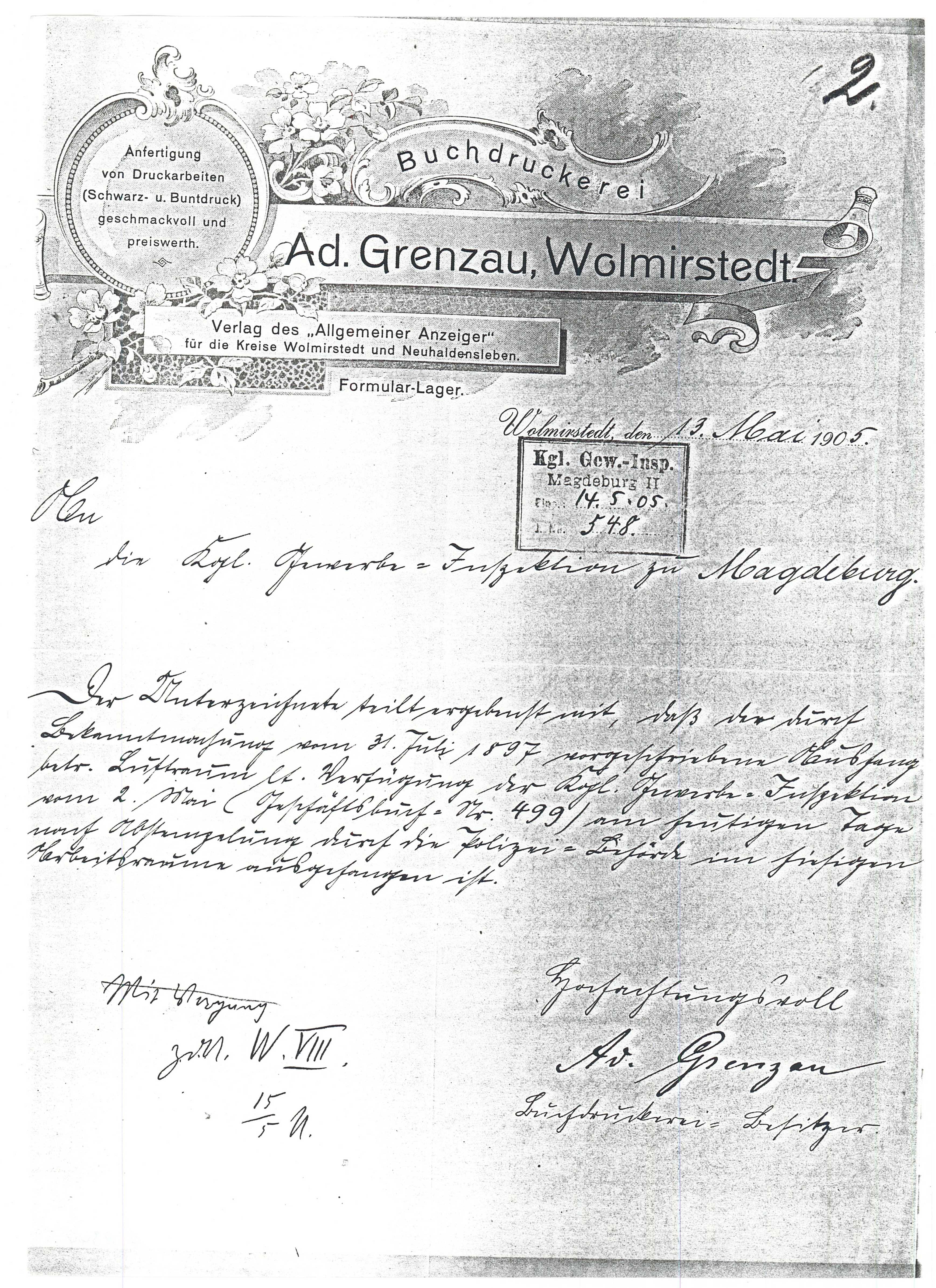 Schreiben Druckerei Grenzau - 13.05.1905 (Museum Wolmirstedt RR-F)