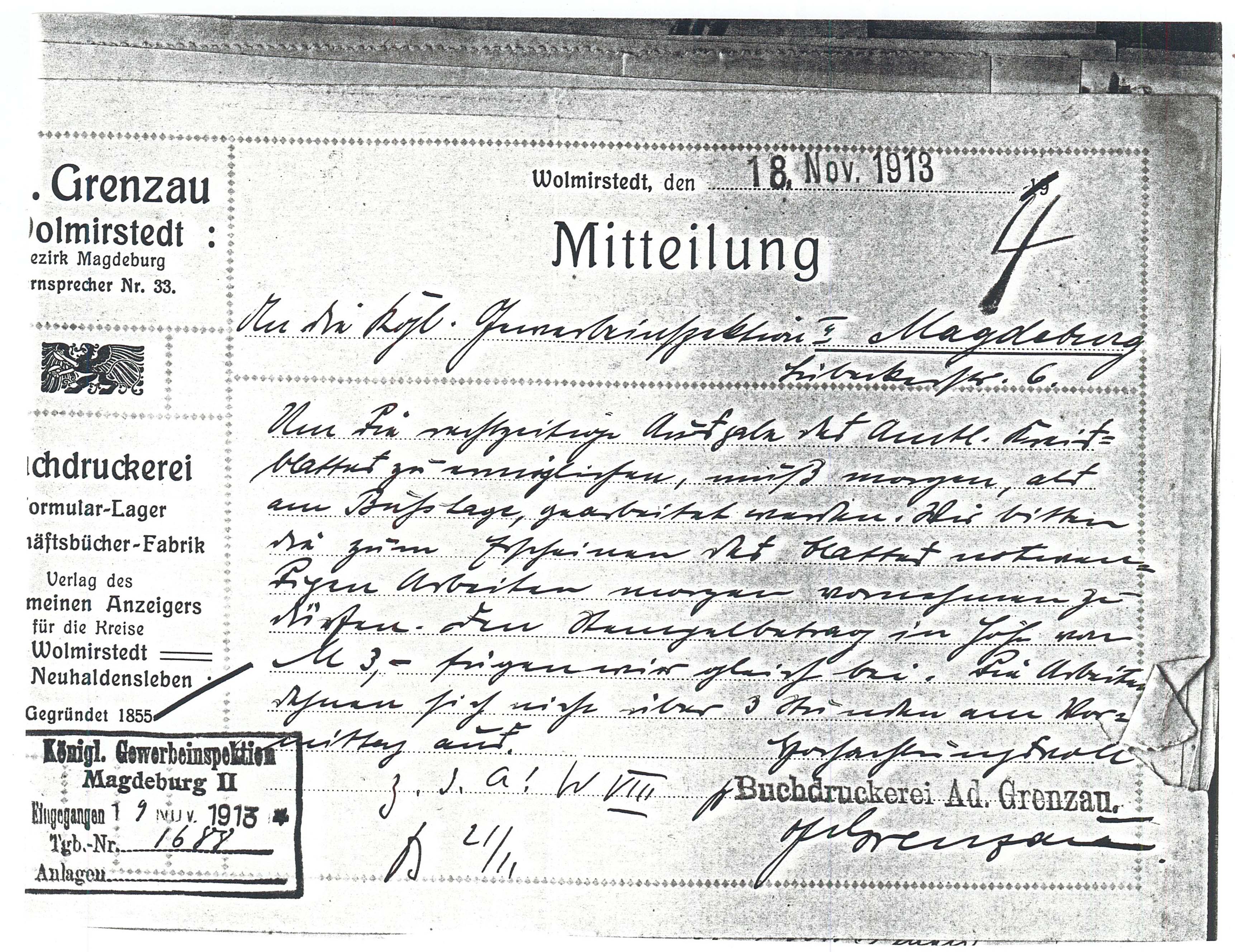 Mitteilung Druckerei Grenzau - 18.11.1913 (Museum Wolmirstedt RR-F)