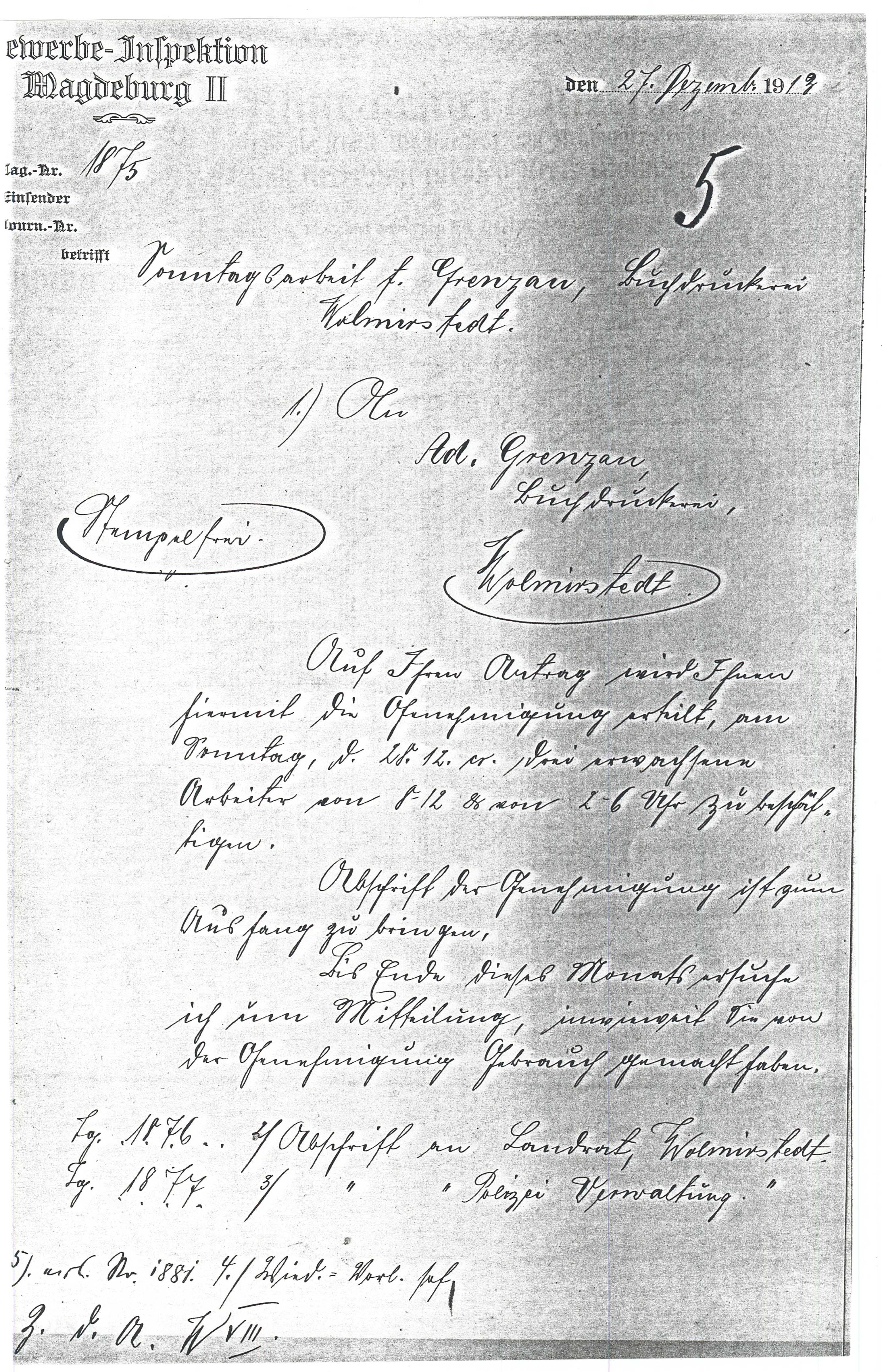 Schreiben Druckerei Grenzau - Sonntagsarbeit - 27.12.1913 (Museum Wolmirstedt RR-F)
