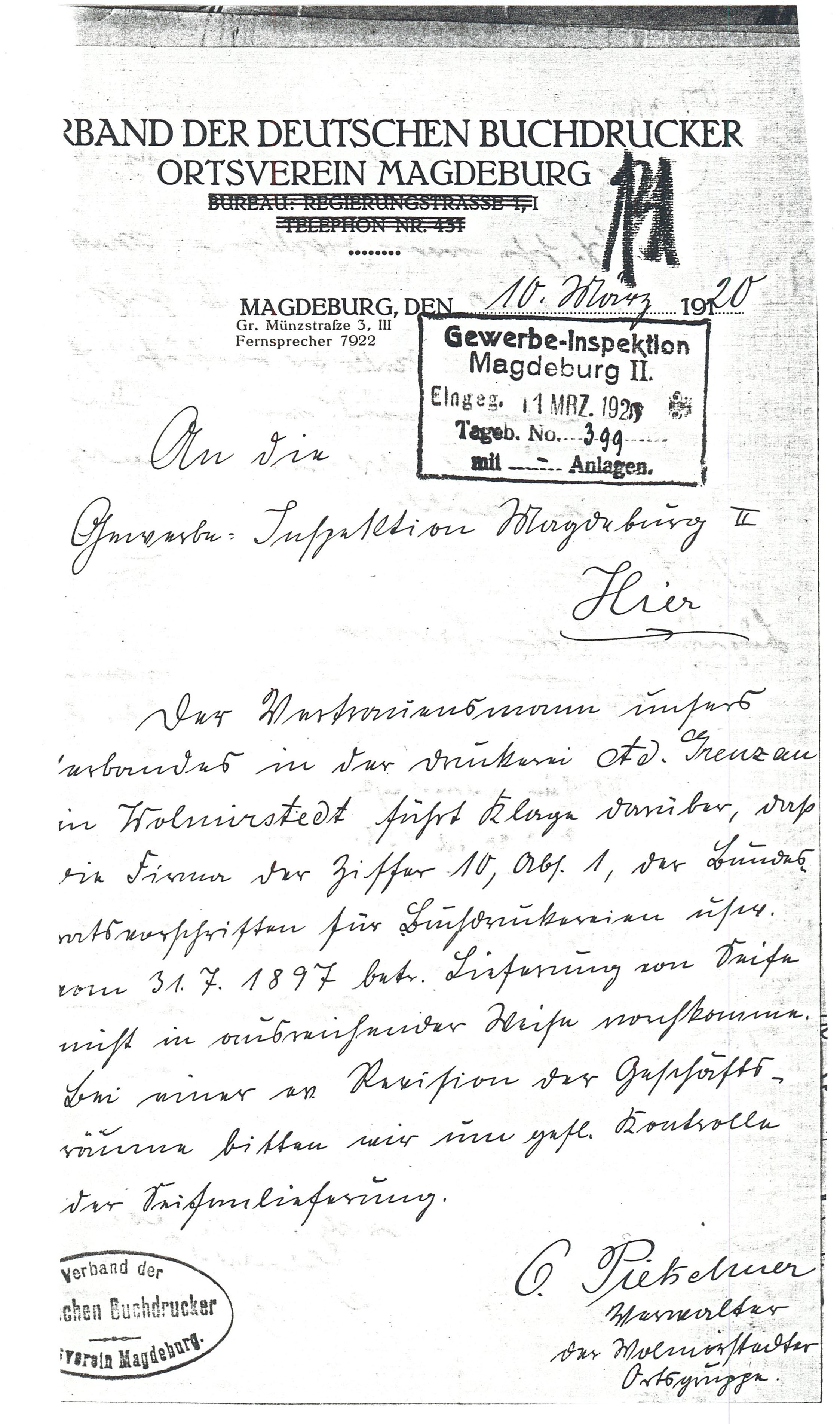 Schreiben Druckerei Grenzau -  An d. Gewerbeinspektion - 10.03.1920 (Museum Wolmirstedt RR-F)