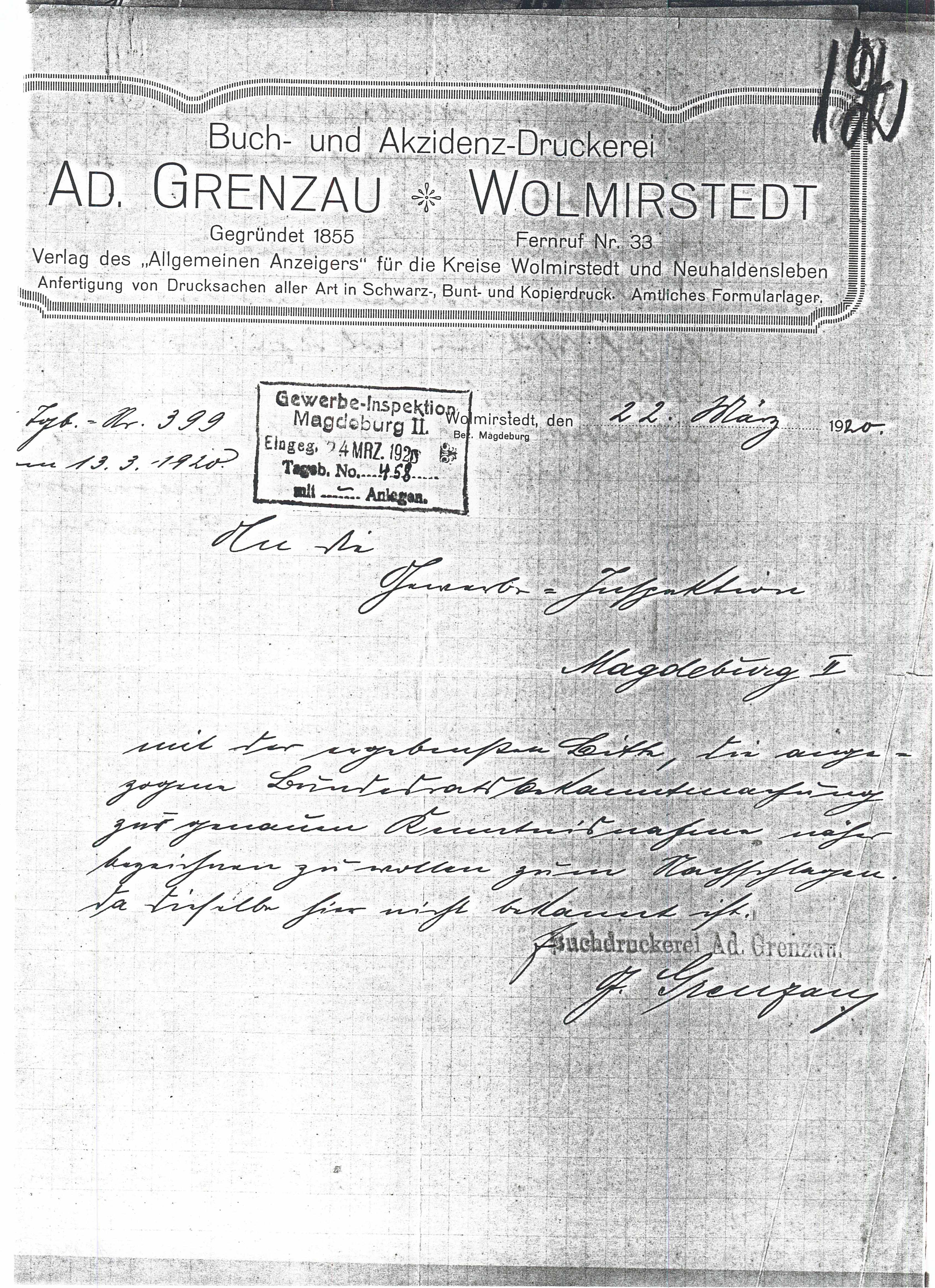 Schreiben Druckerei Grenzau -  An d. Gewerbeinspektion - 22.03.1920 (Museum Wolmirstedt RR-F)