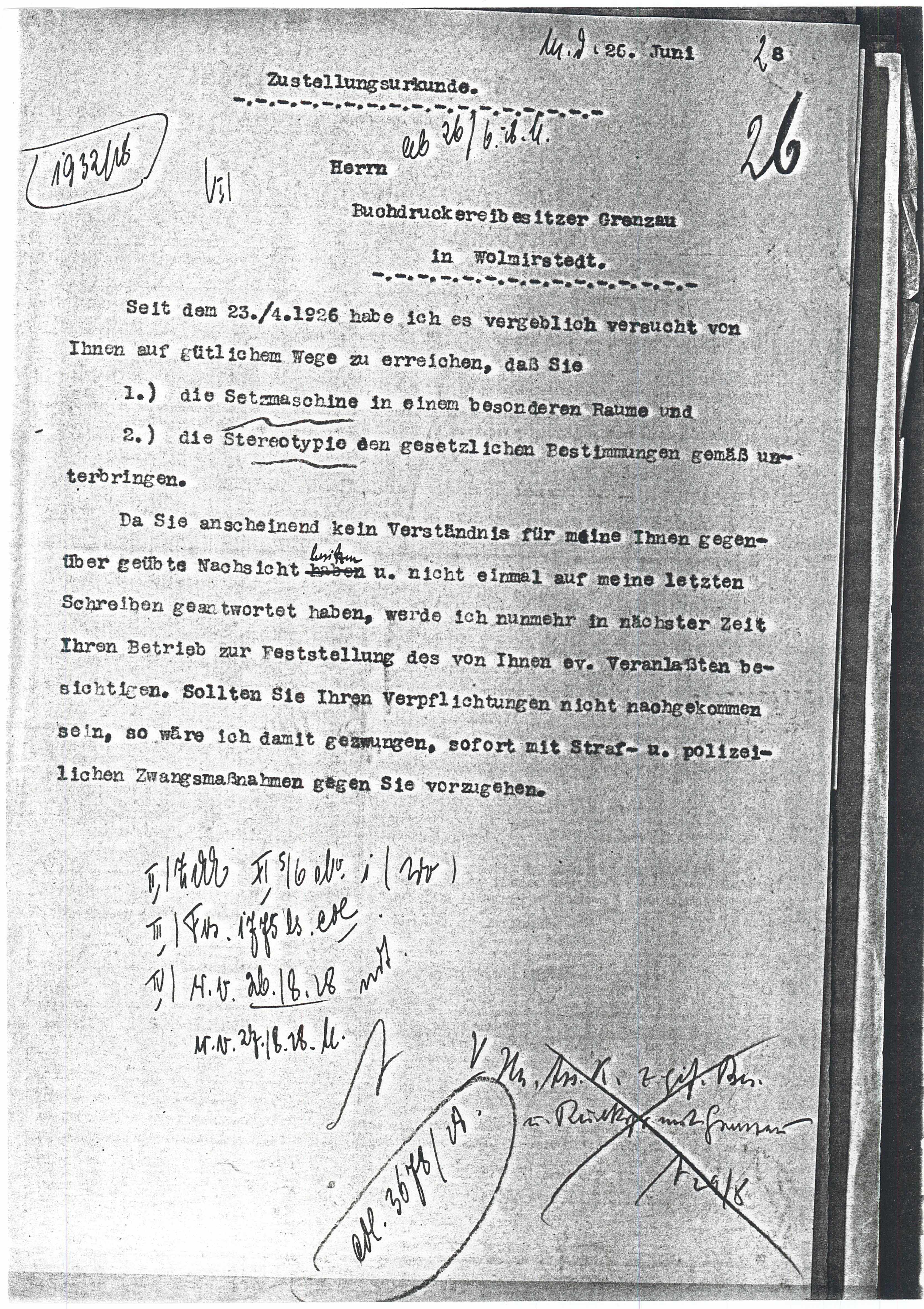 Schreiben Druckerei Grenzau - Umsetzung v. Maschinen - 26.06.1928 (Museum Wolmirstedt RR-F)