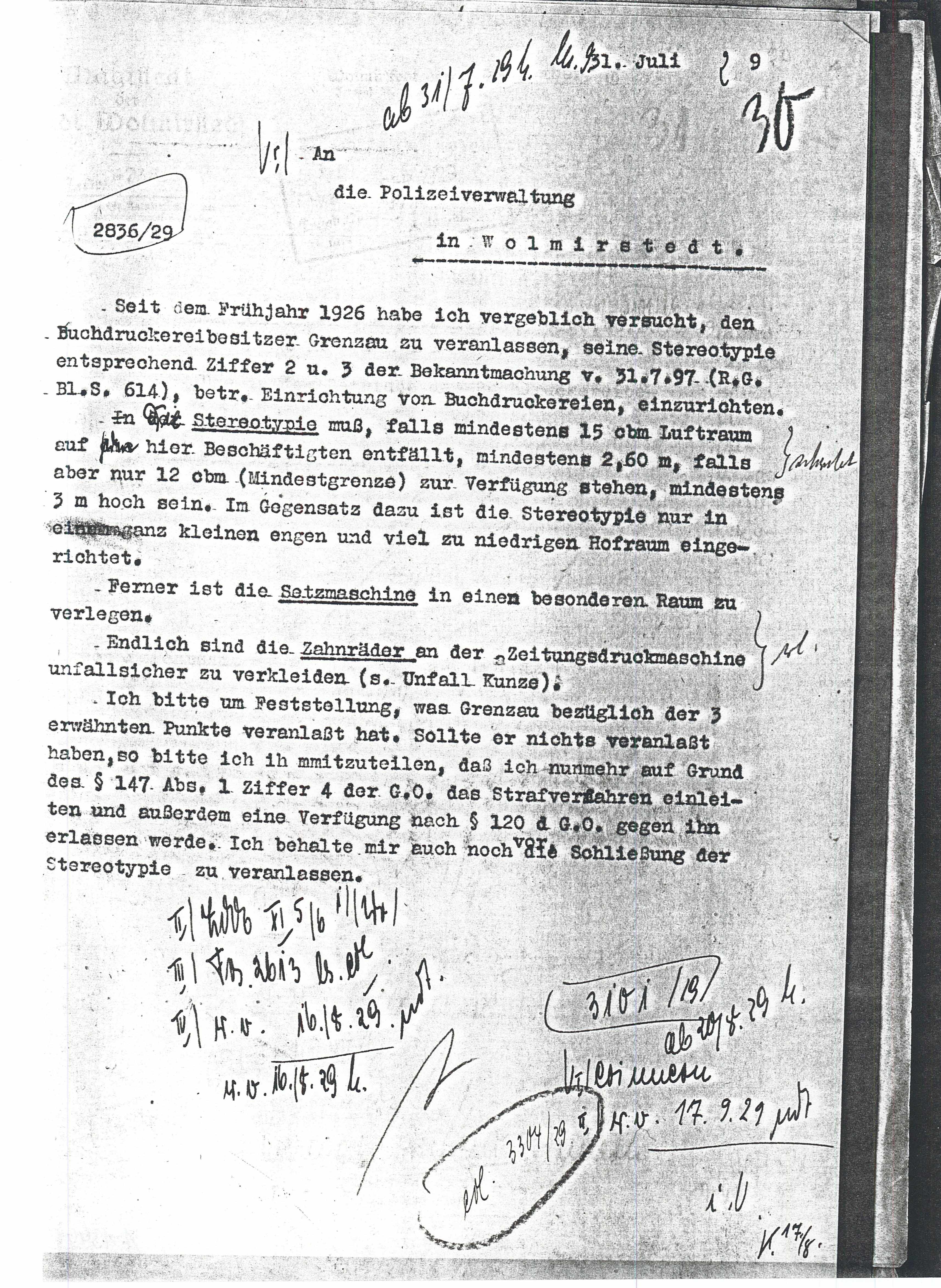 Schreiben Druckerei Grenzau - Umsetzung v. Maschinen - 31.07.1929 (Museum Wolmirstedt RR-F)