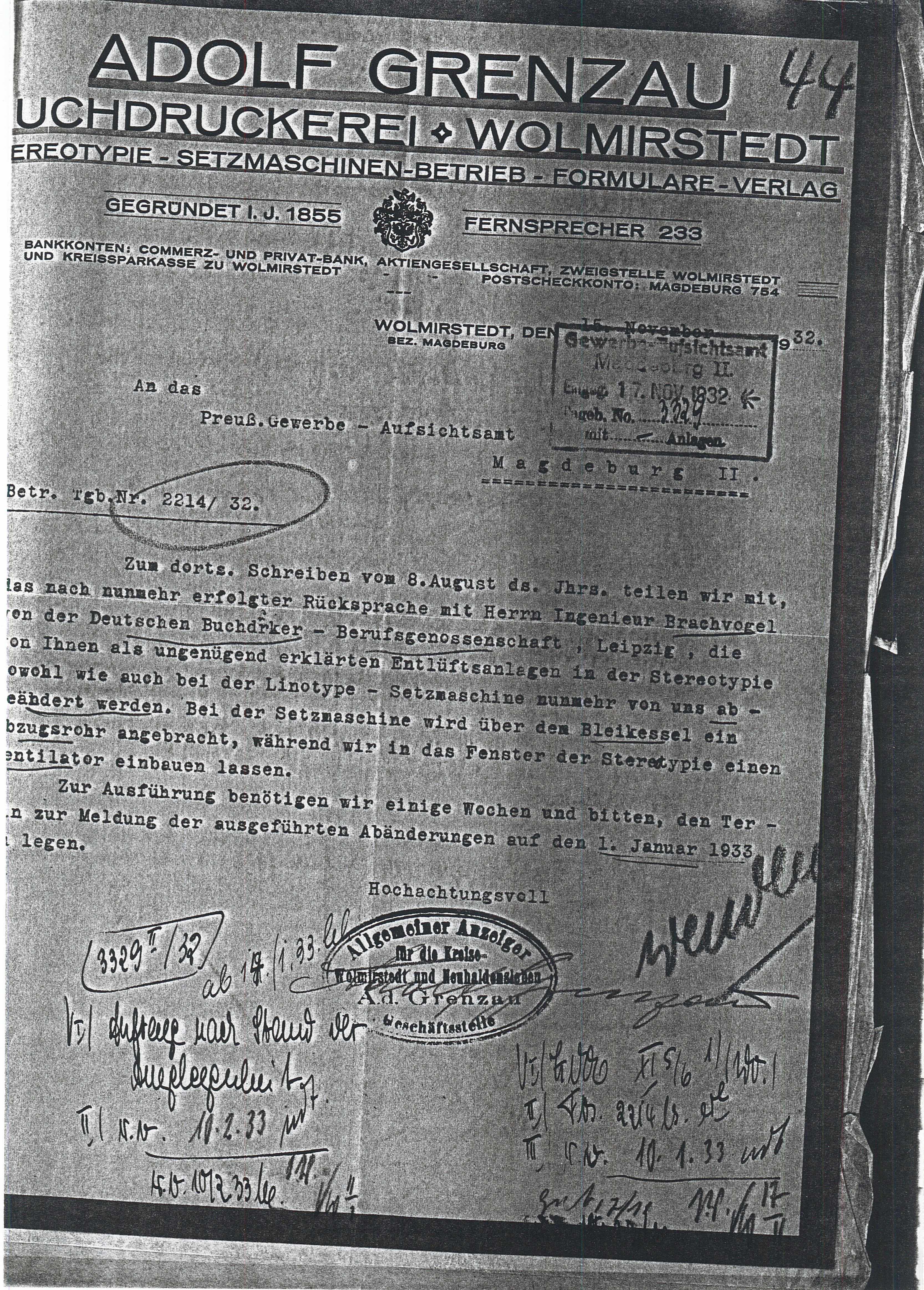 Schreiben Druckerei Grenzau - Umsetzung v. Maschinen - 17.11.1932 (Museum Wolmirstedt RR-F)