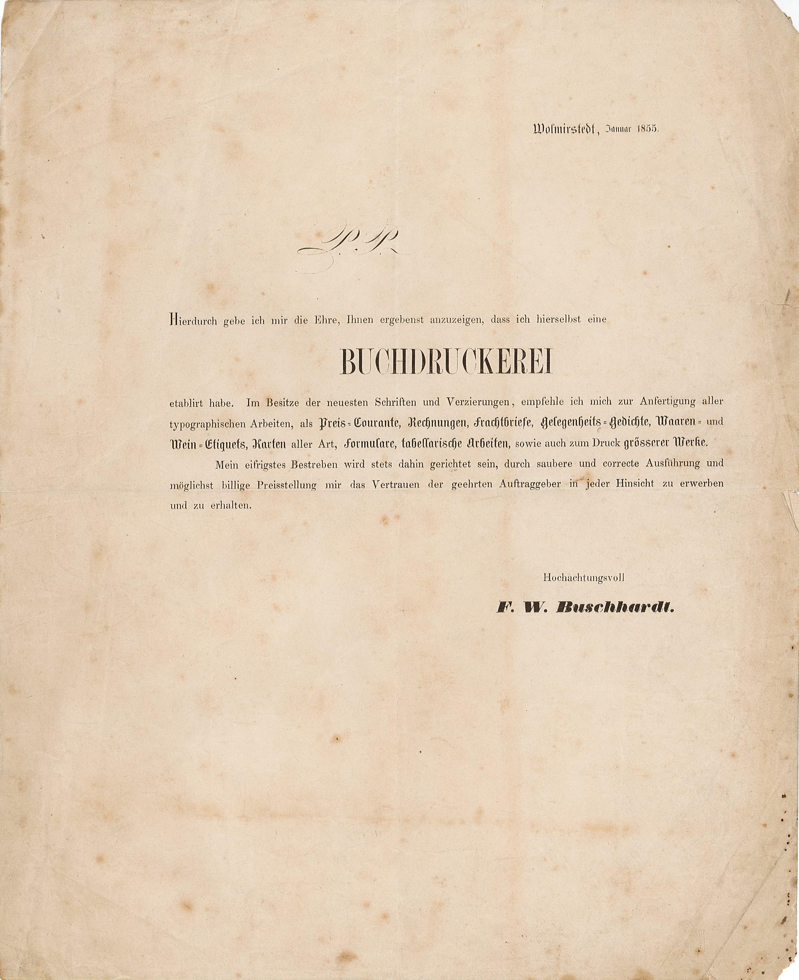 Anzeige Buchdruckerei F. W. Buschardt - 01.1855 (Museum Wolmirstedt RR-F)