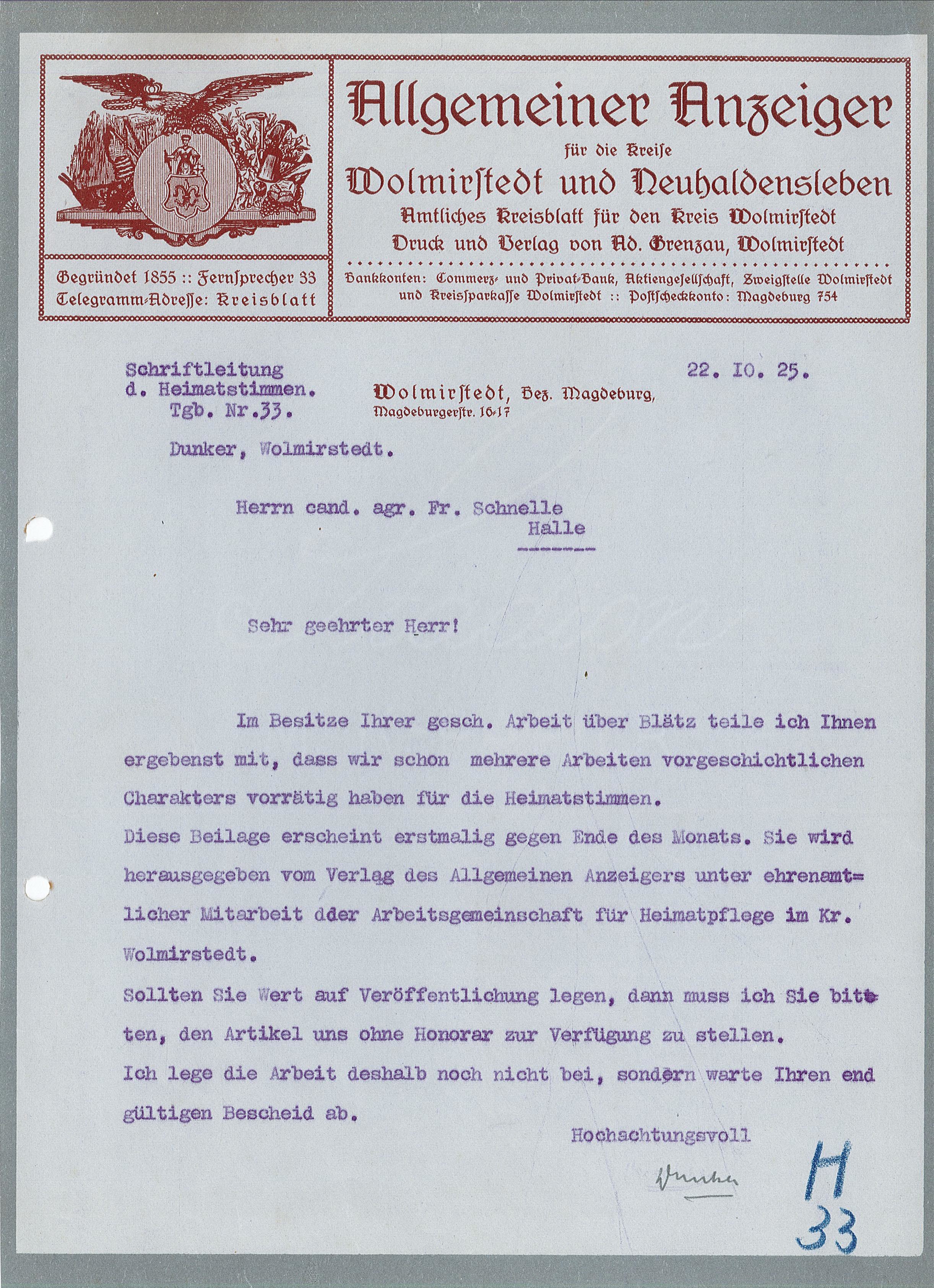 Schreiben Druckerei Grenzau - zu "Heimatstimmen" - 22.10.1925 (Museum Wolmirstedt RR-F)