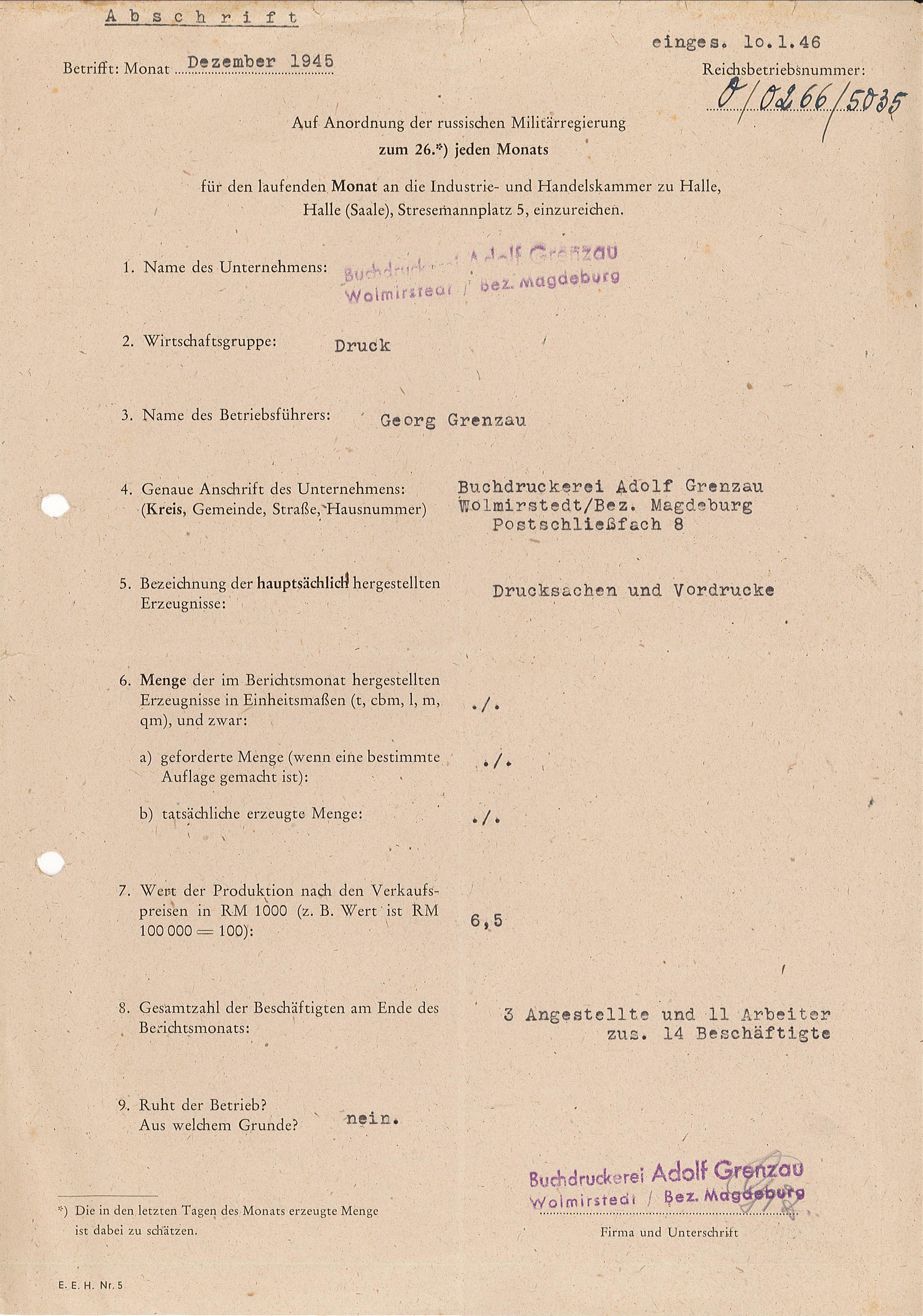 Druckerei Grenzau - Anordnung d. russischen Militärregierung 1946 (Museum Wolmirstedt RR-F)