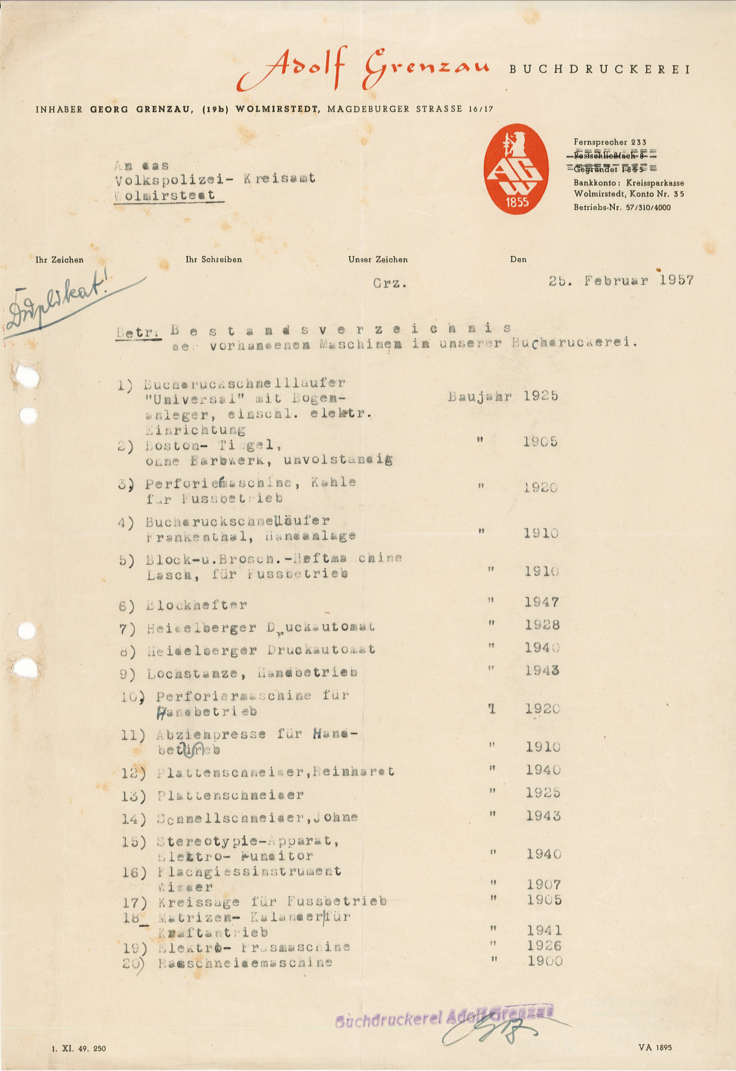 Bestandsverzeichnis - 25.02.1957 (Museum Wolmirstedt RR-F)
