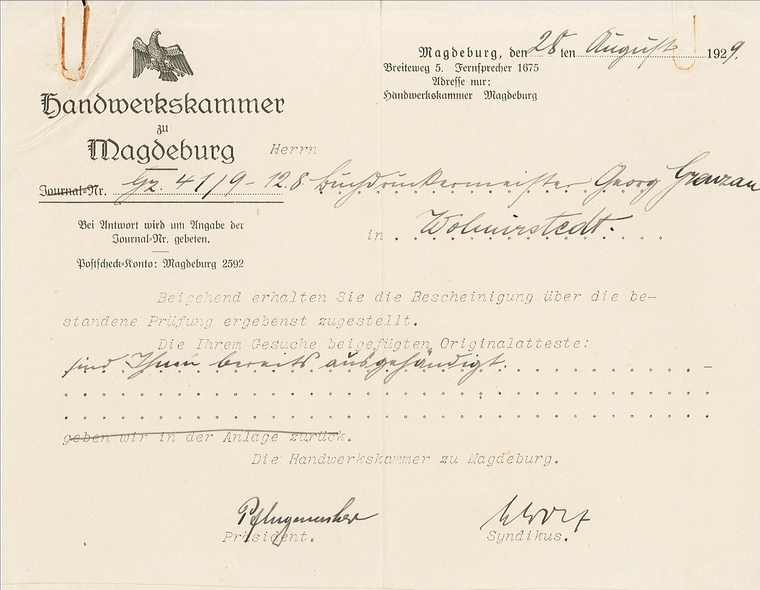 Prüfungsbescheinigung, 1929 (Museum Wolmirstedt RR-F)