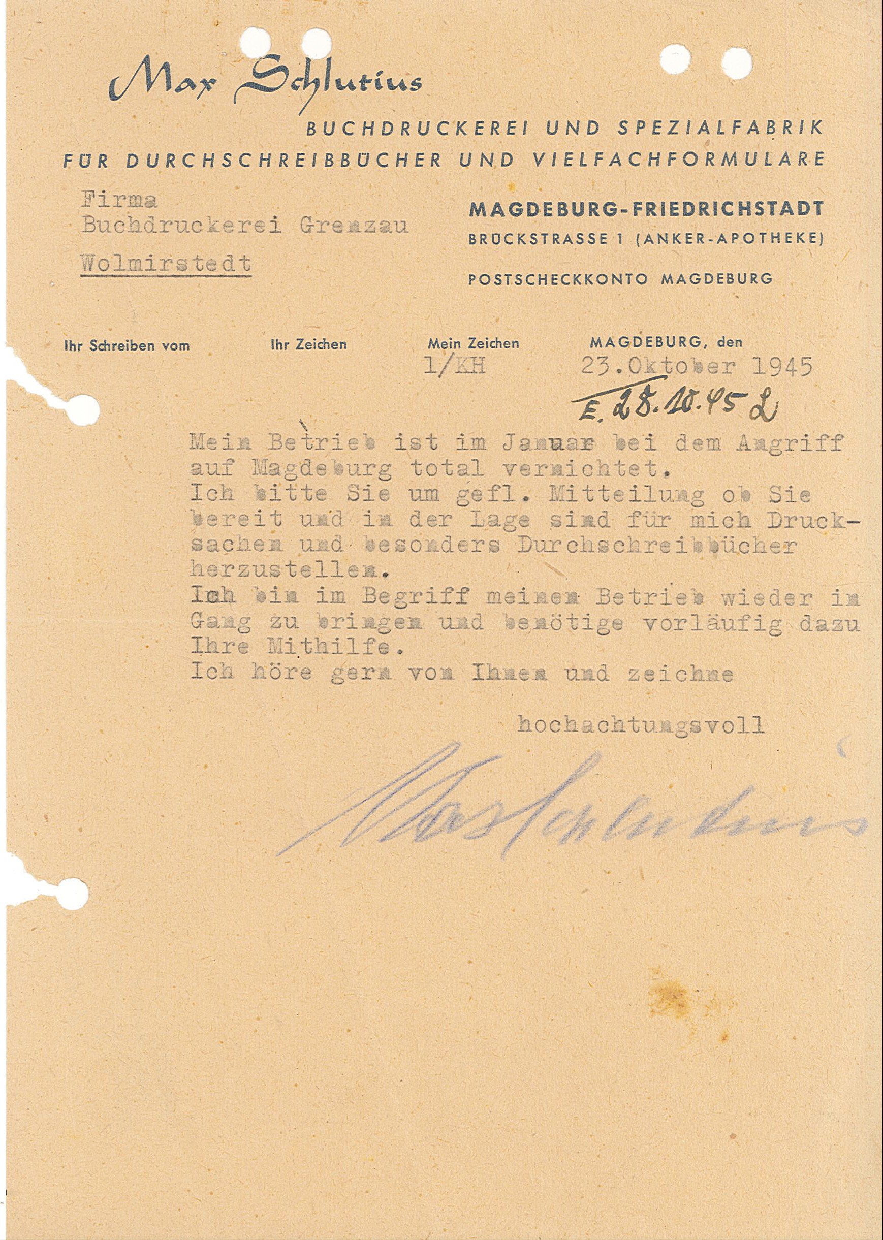 Schreiben von Max Schlutius an Druckerei Grenzau - 23.10.1945 (Museum Wolmirstedt RR-F)