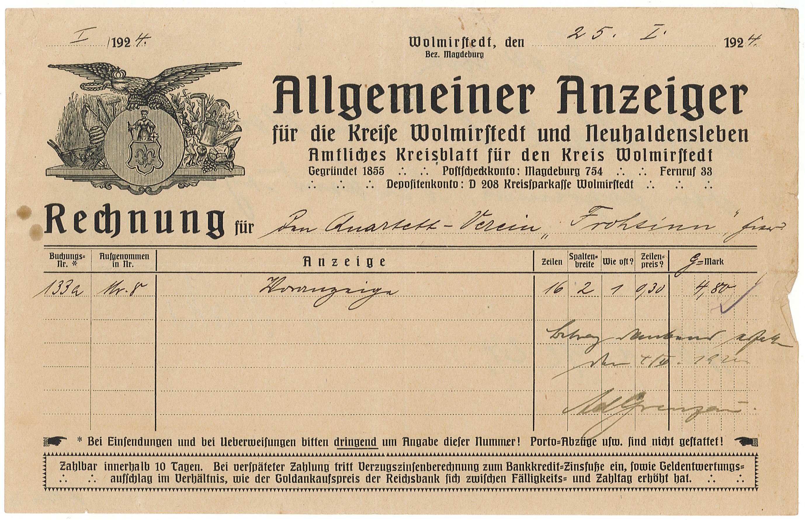 Rechnung Druckerei Grenzau an Verein "Frohsinn", 1924 (Museum Wolmirstedt RR-F)