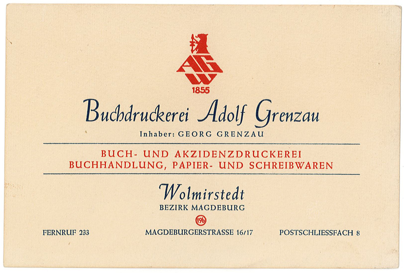 Visitenkarte Buchdruckerei Adolf Grenzau (Museum Wolmirstedt RR-F)