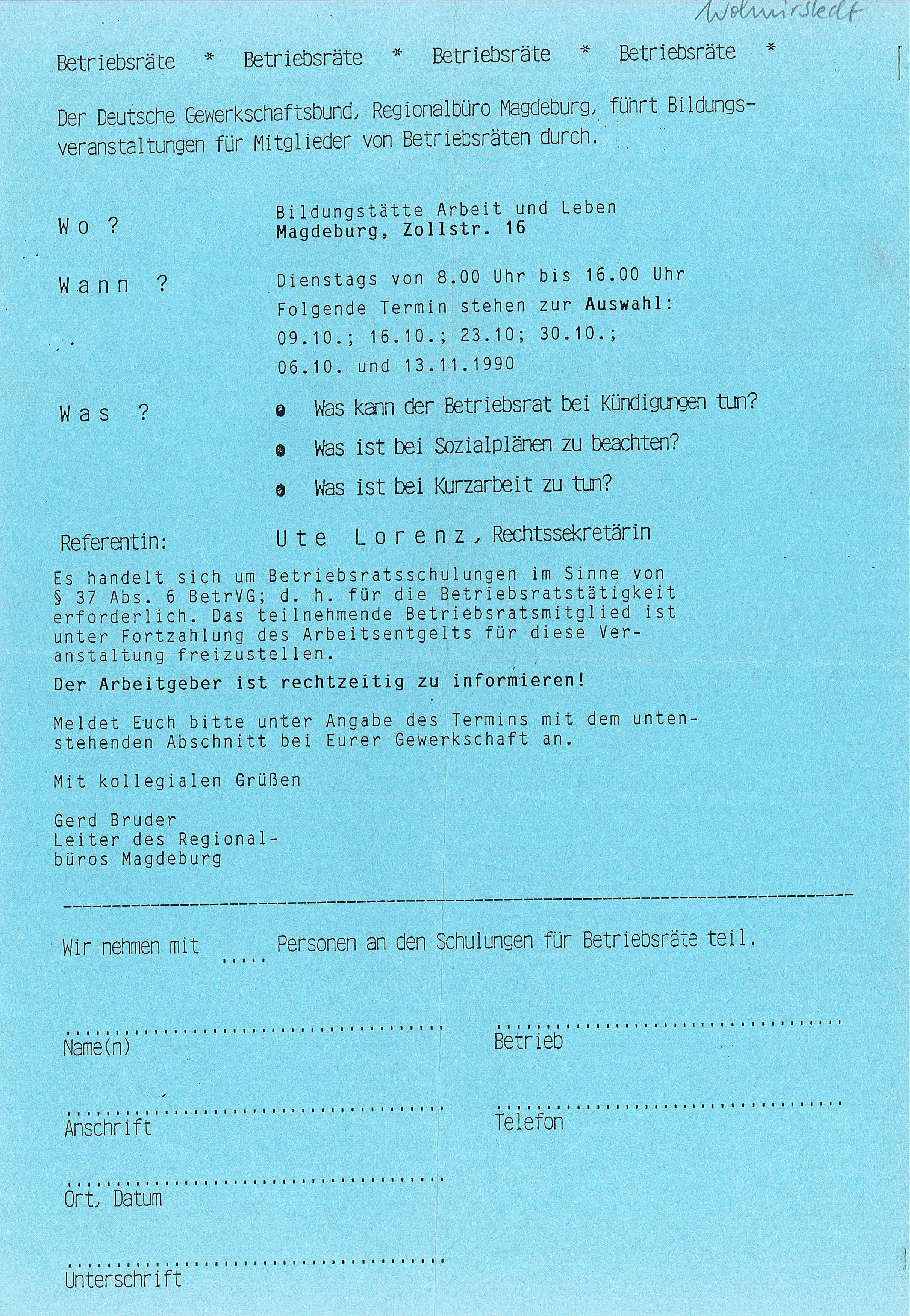 Info Betriebsrat- Lederfabrik - 1990 (Museum Wolmirstedt RR-F)
