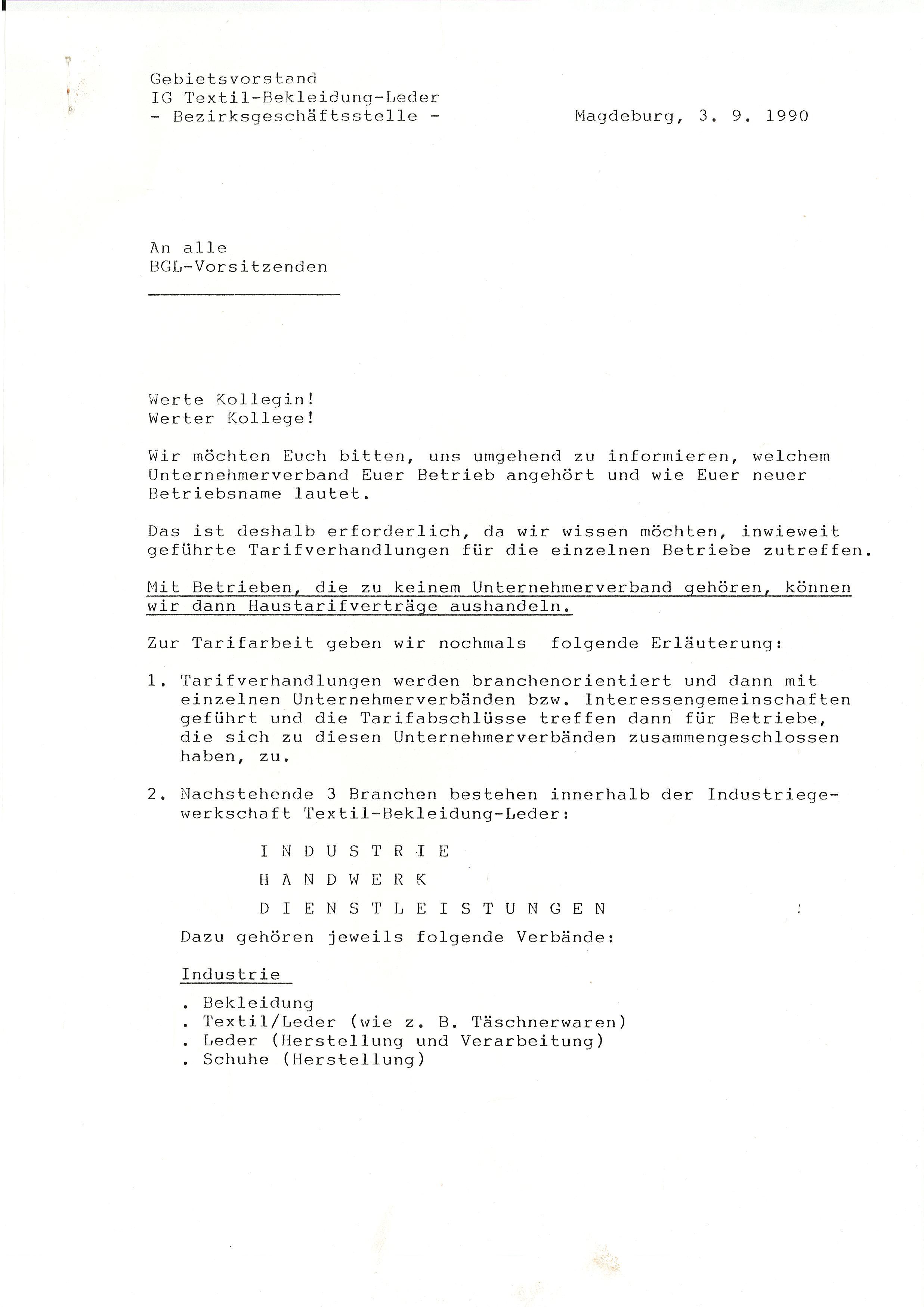 Info BGL-Vorsitzenden - IG Textil-Bekleidung-Leder - 03.09.1990 (Museum Wolmirstedt RR-F)