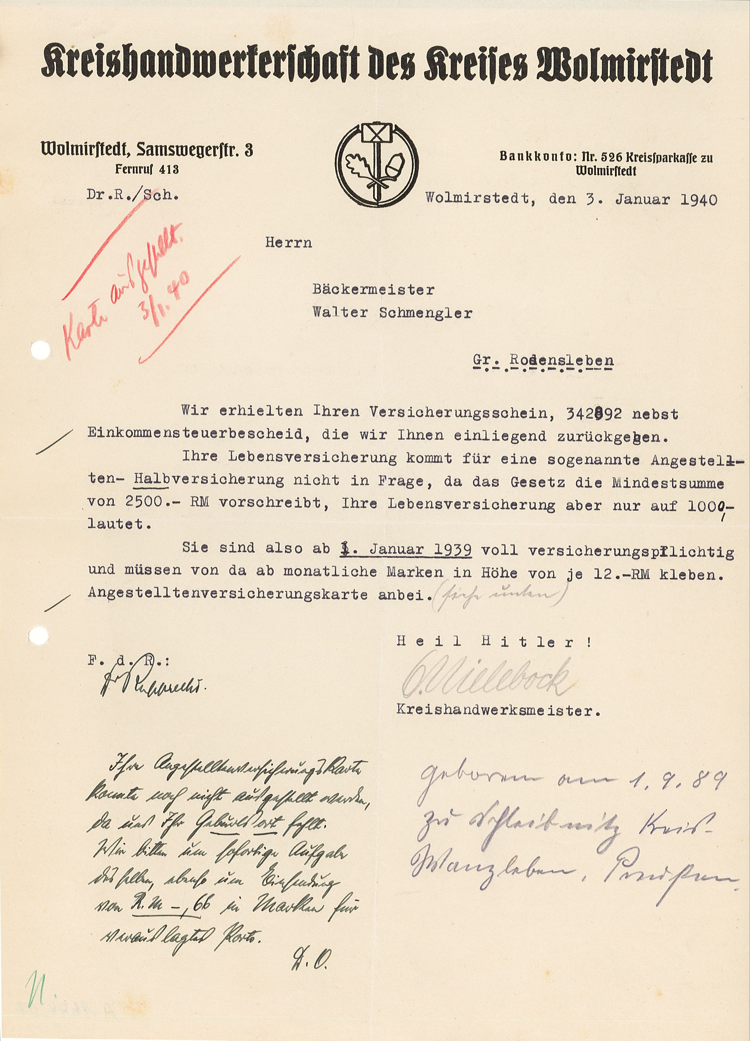 Schreiben Kreishandwerkerschaft, WMS, 1940 (Museum Wolmirstedt RR-F)