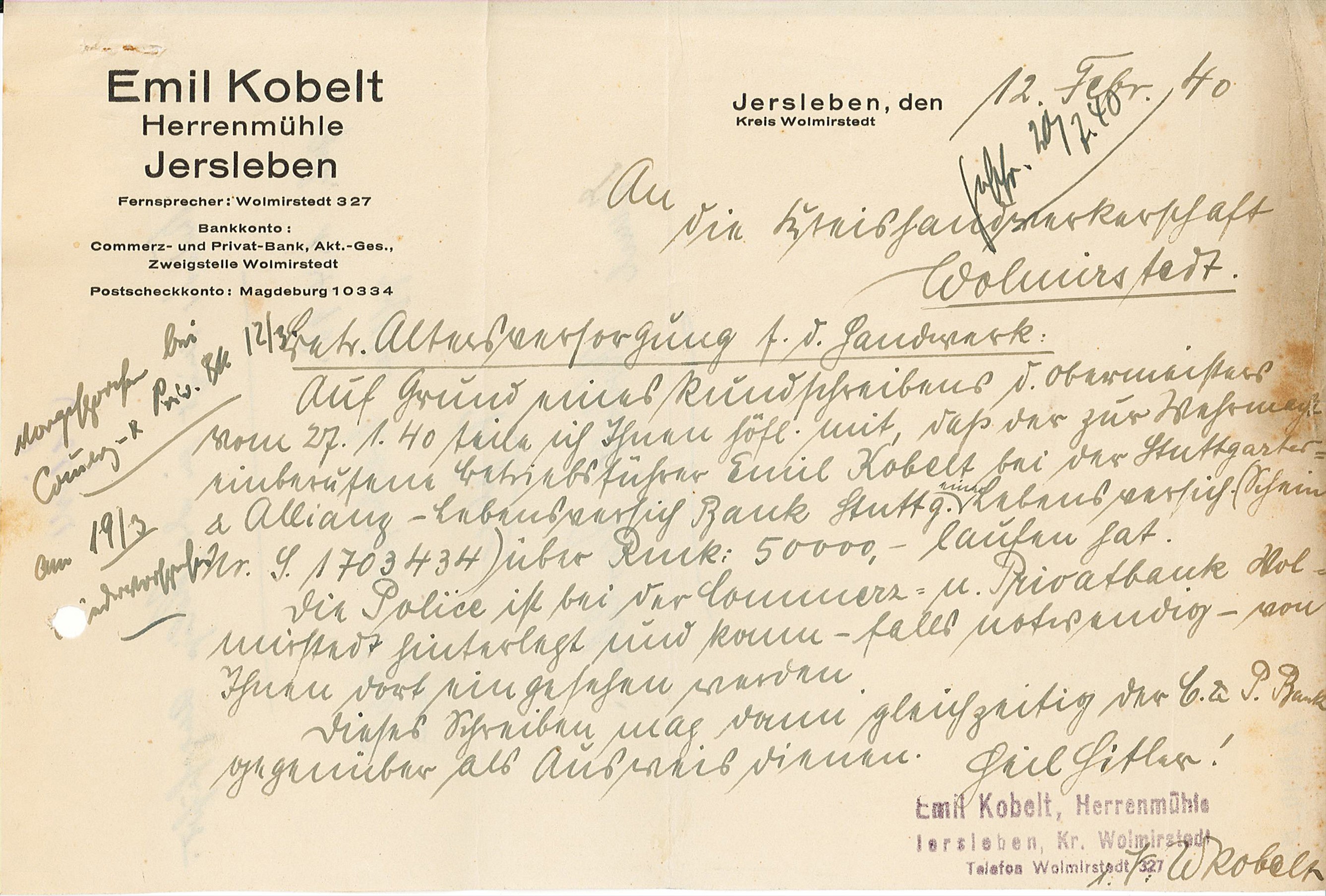 Emil Koblet, Herrenmühle Jersleben, Altersversorgung, 1940 (Museum Wolmirstedt RR-F)