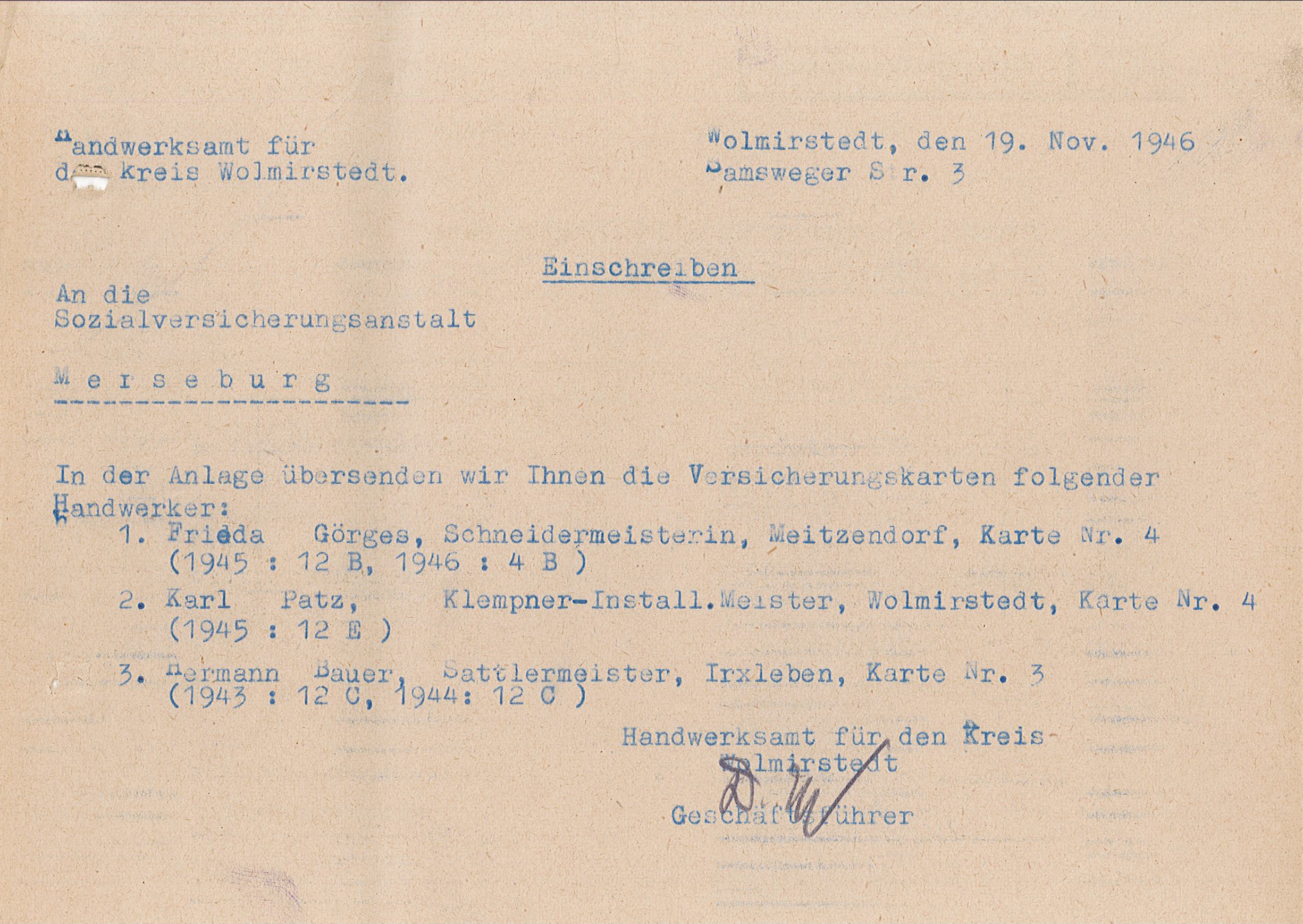 Schreiben Handwerksamt Wolmirstedt an Sozialversicherungsanstalt, 1946 (Museum Wolmirstedt RR-F)