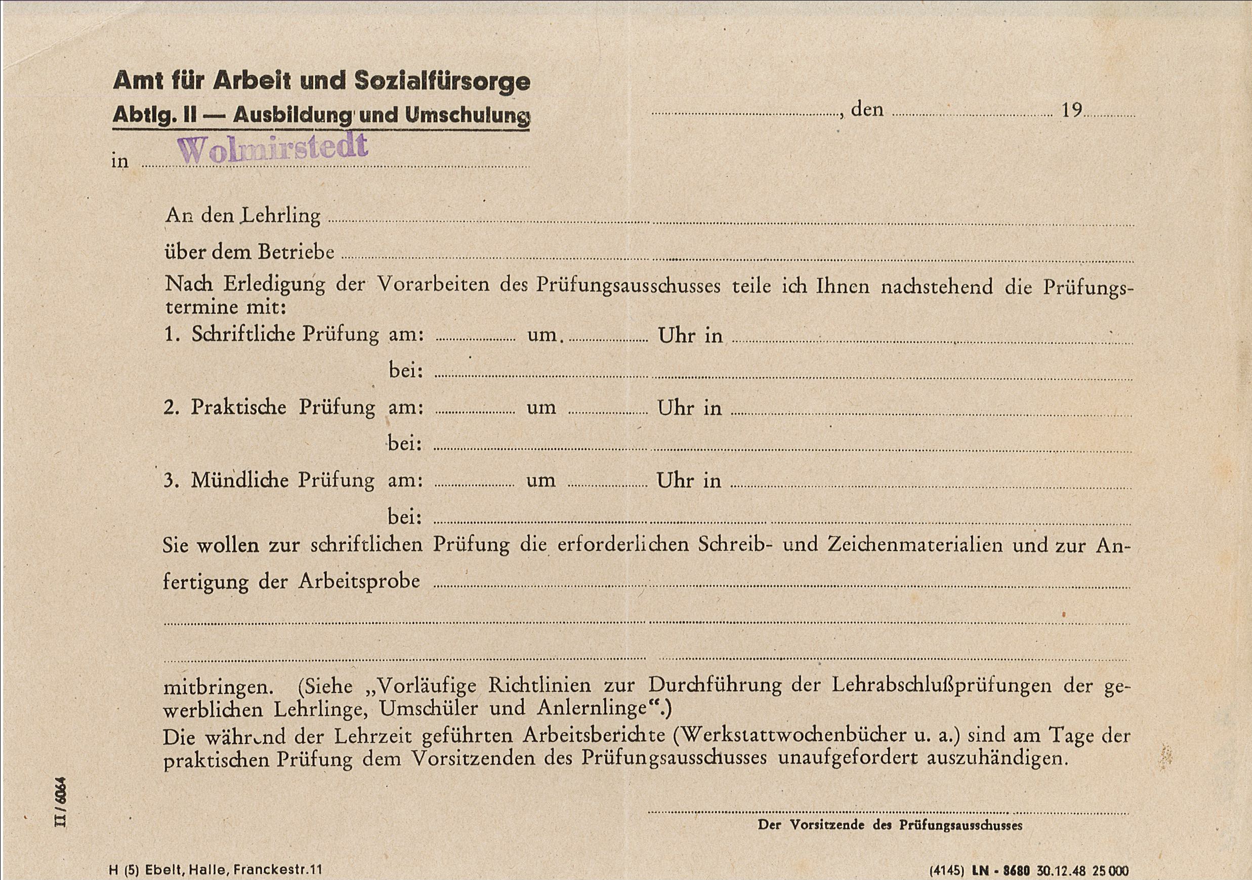 Vordruck Amt f. Arbeit und Sozialfürsorge WMS, 1948 (Museum Wolmirstedt RR-F)