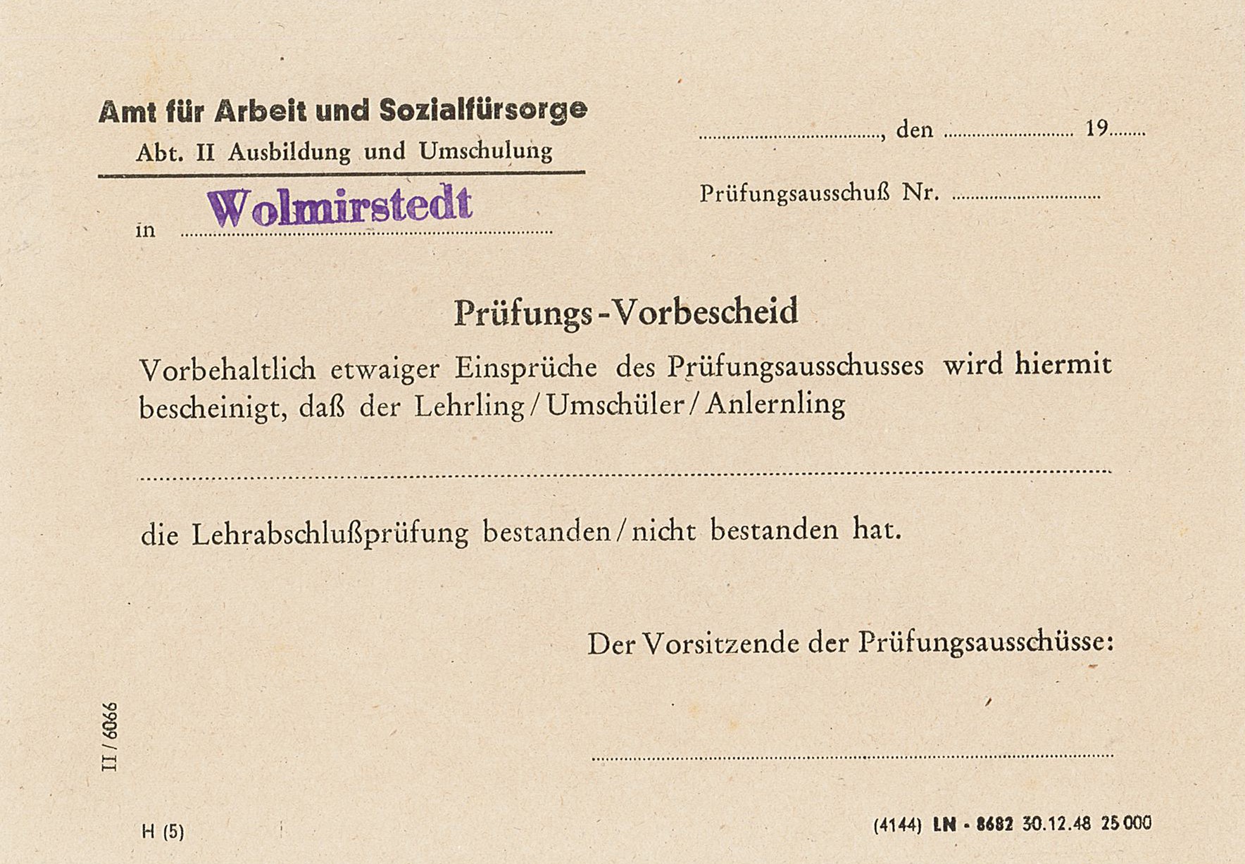 Prüfungs-Vorbescheid, 1948 (Museum Wolmirstedt RR-F)