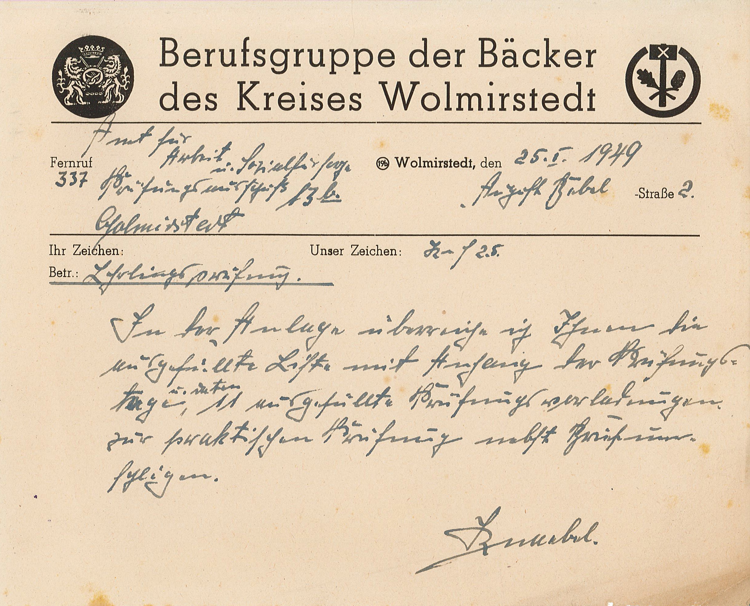 Schreiben, Bäcker Kreis Wolmirstedt, Lehrlingsprüfung, 1949 (Museum Wolmirstedt RR-F)