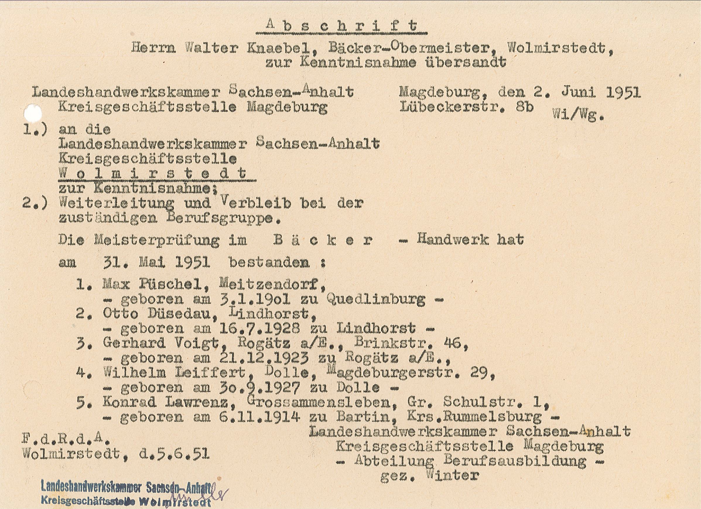 Schreiben zur Meisterprüfung, 1951 (Museum Wolmirstedt RR-F)