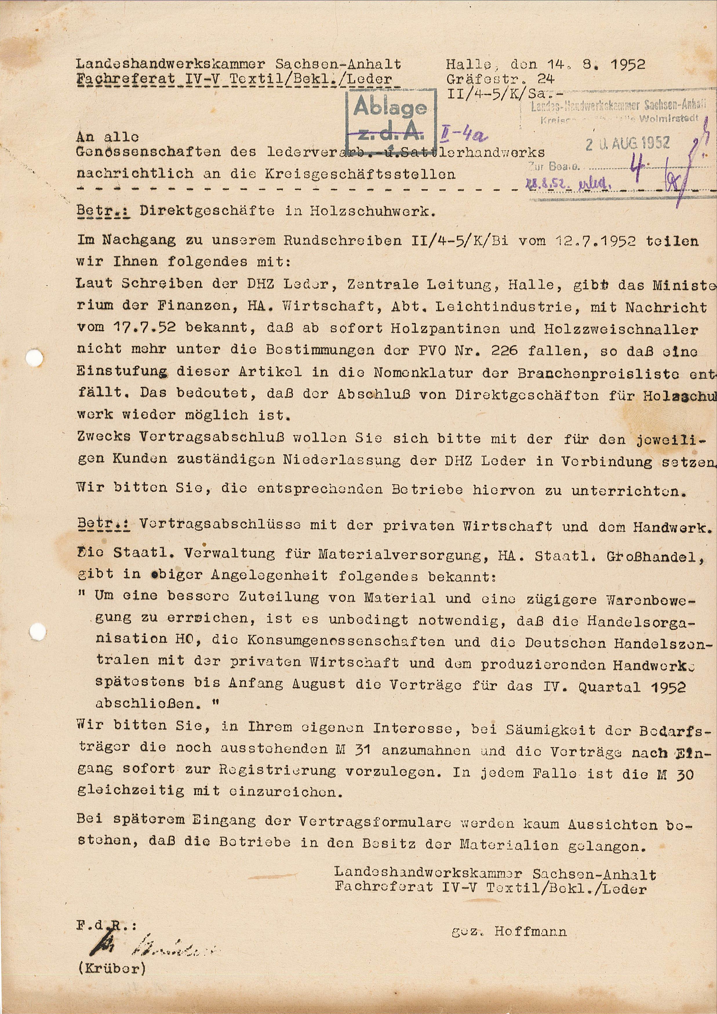 Schreiben zum Direktgeschäft in Holzschuhwerk, 1952 (Museum Wolmirstedt RR-F)