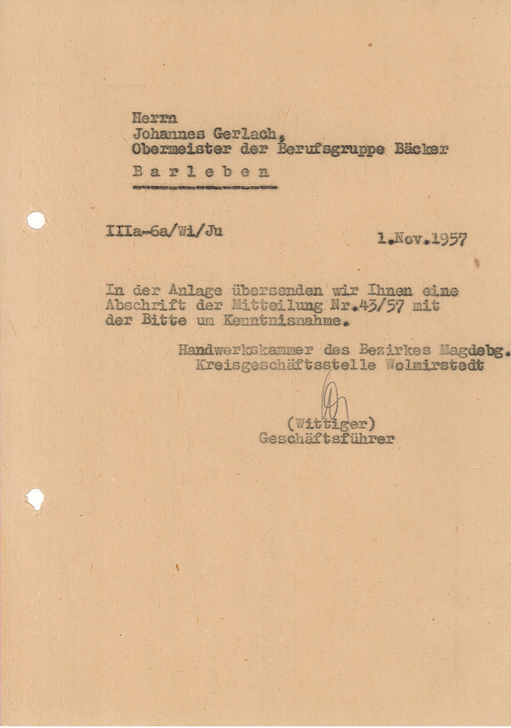 Schreiben von Obermeister der Bäcker Johannes Gerlach, Barleben, 1957 (Museum Wolmirstedt RR-F)