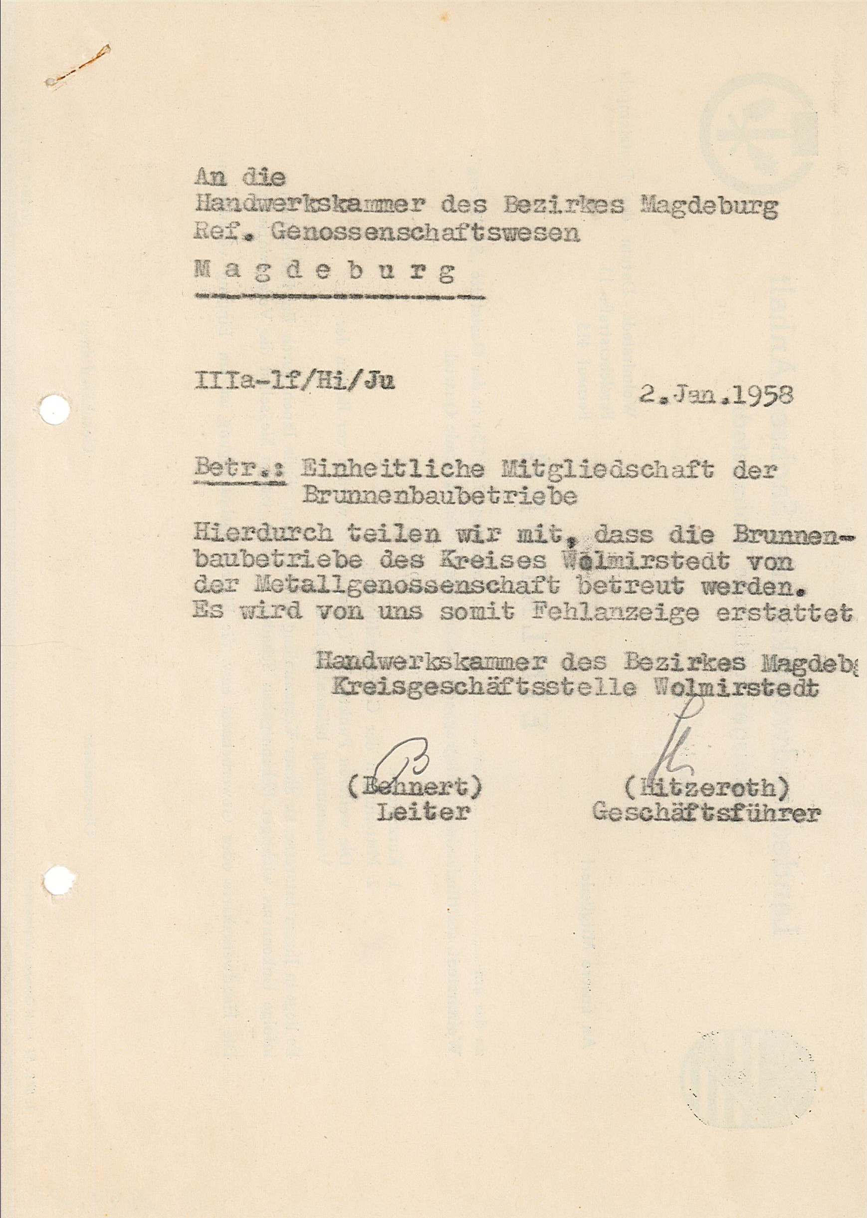 Schreiben zur einheitlichen Mitgliedschaft der Brunnenbaubetriebe, 1958 (Museum Wolmirstedt RR-F)