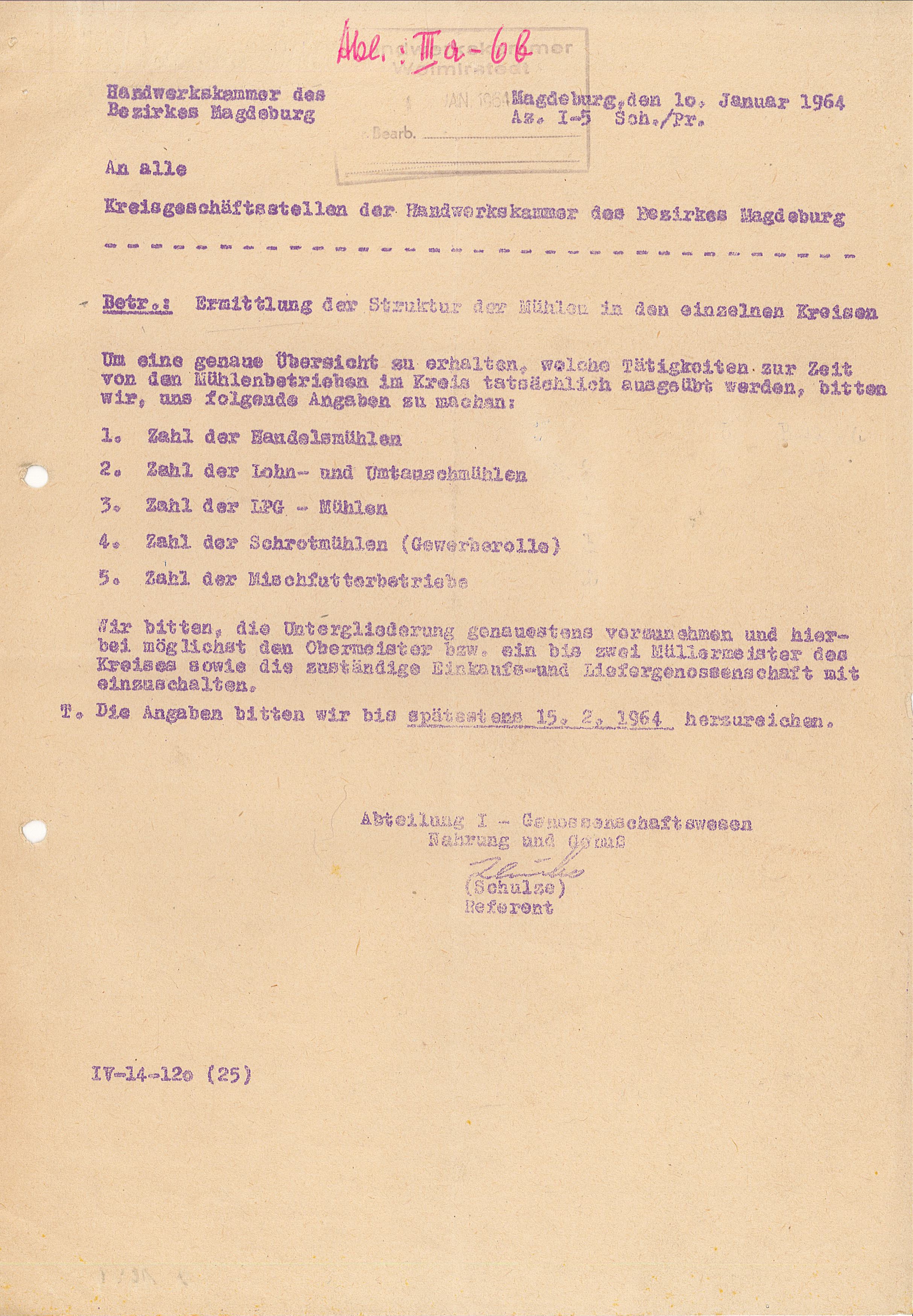 Schreiben zu den Strukturen der Mühlen im Kreis Wolmirstedt, 1964 (Museum Wolmirstedt RR-F)