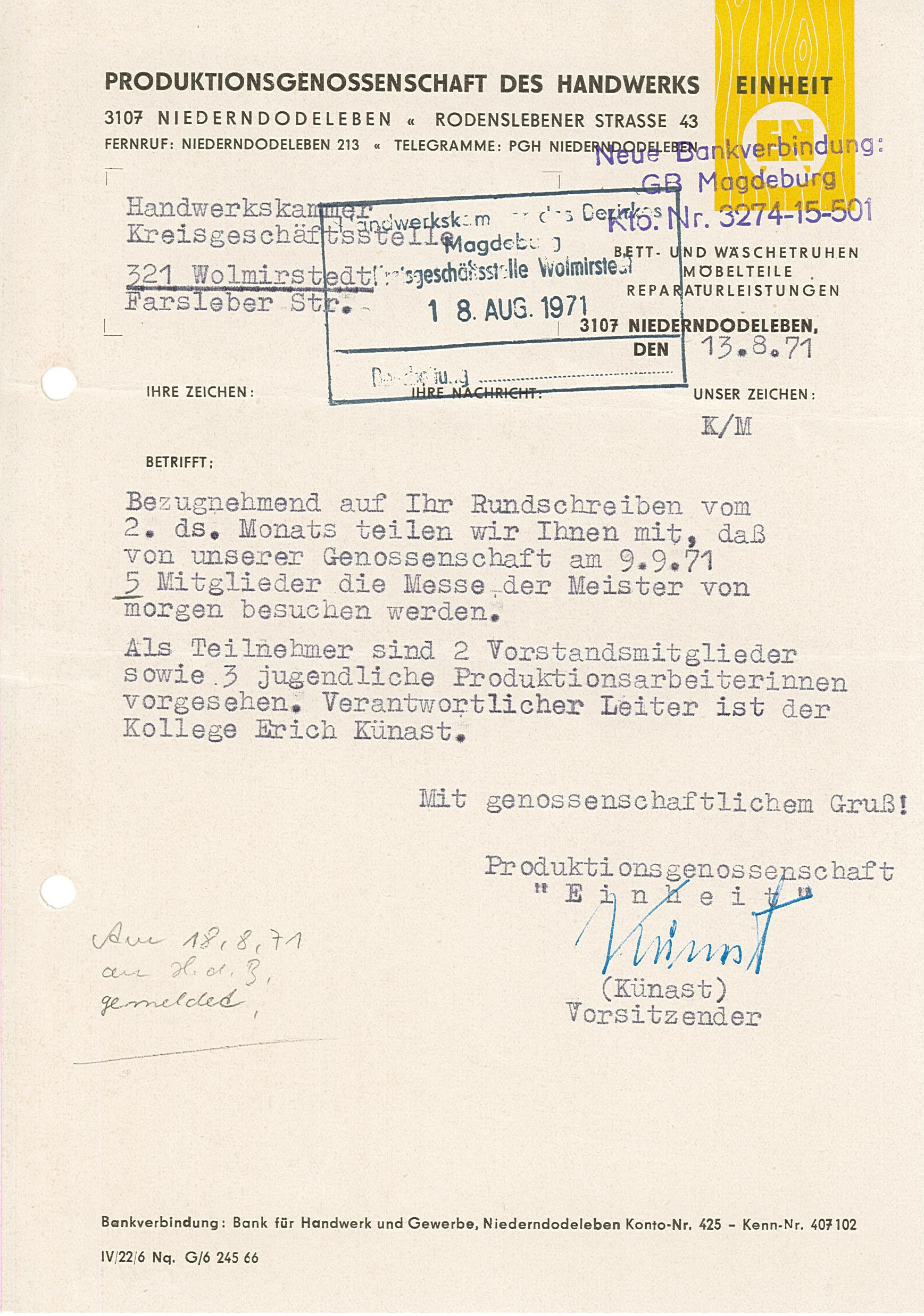 Rundschreiben der Produktionsgenossenschaft "Einheit", 1971 (Museum Wolmirstedt RR-F)