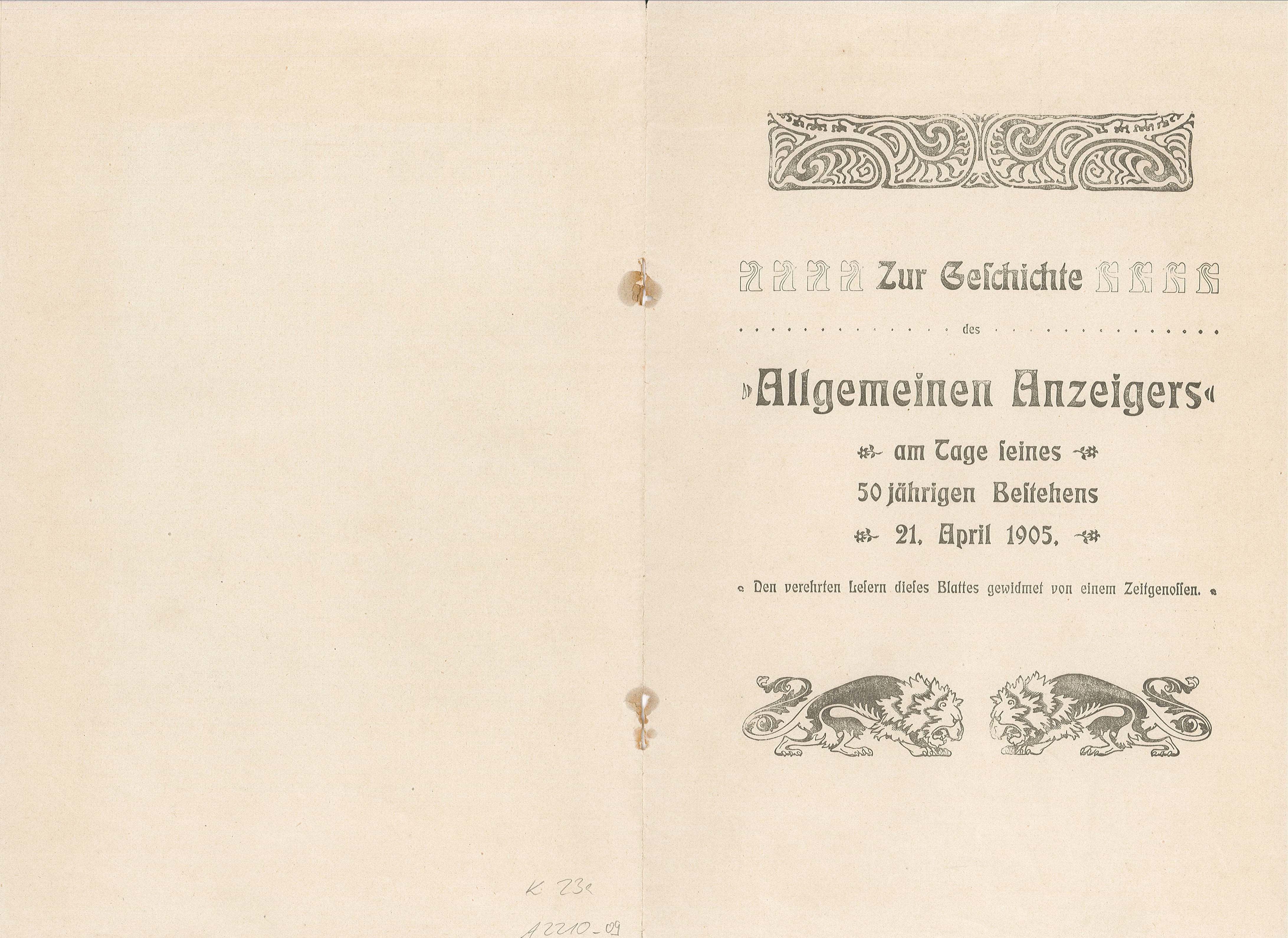 Druckerei Grenzau, "Zur Geschichte d. All. Anzeigers", 1905 (Museum Wolmirstedt RR-F)