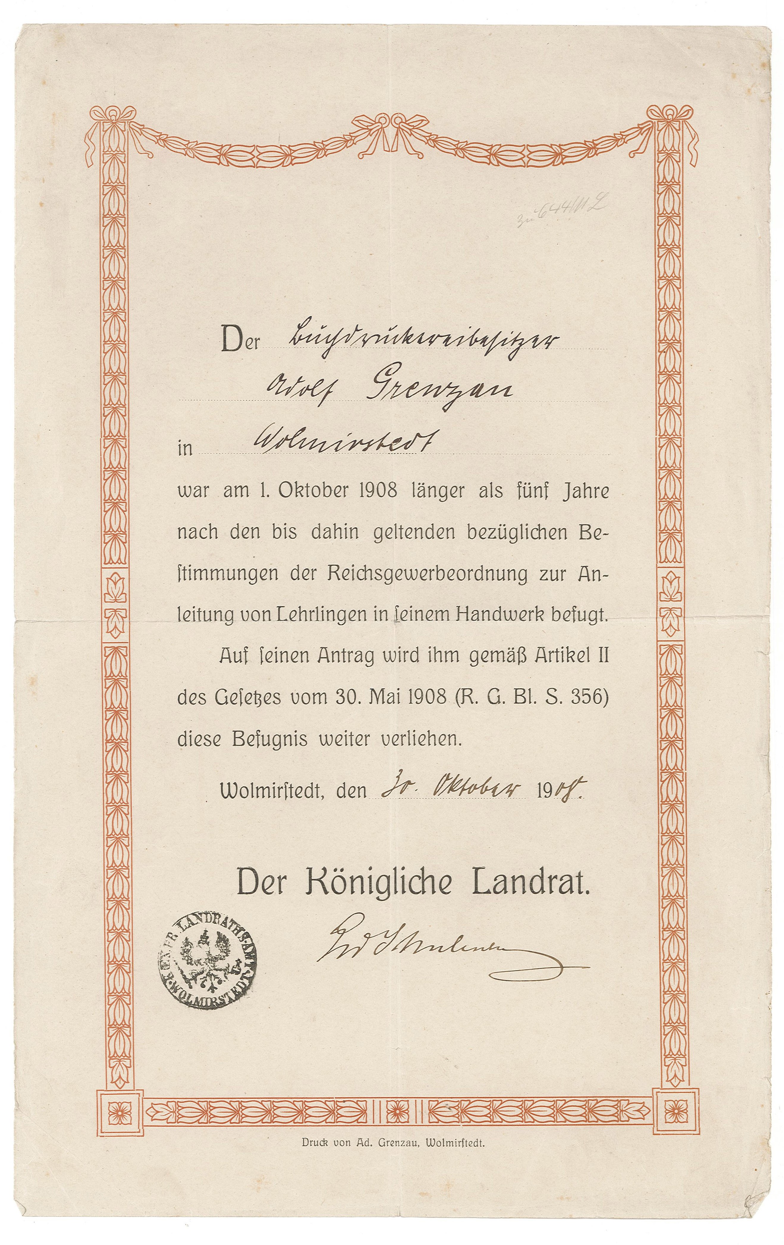 Druckerei Grenzau, Urkunde z. Anleitung v. Lehrlinge, 30.05.1908 (Museum Wolmirstedt RR-F)