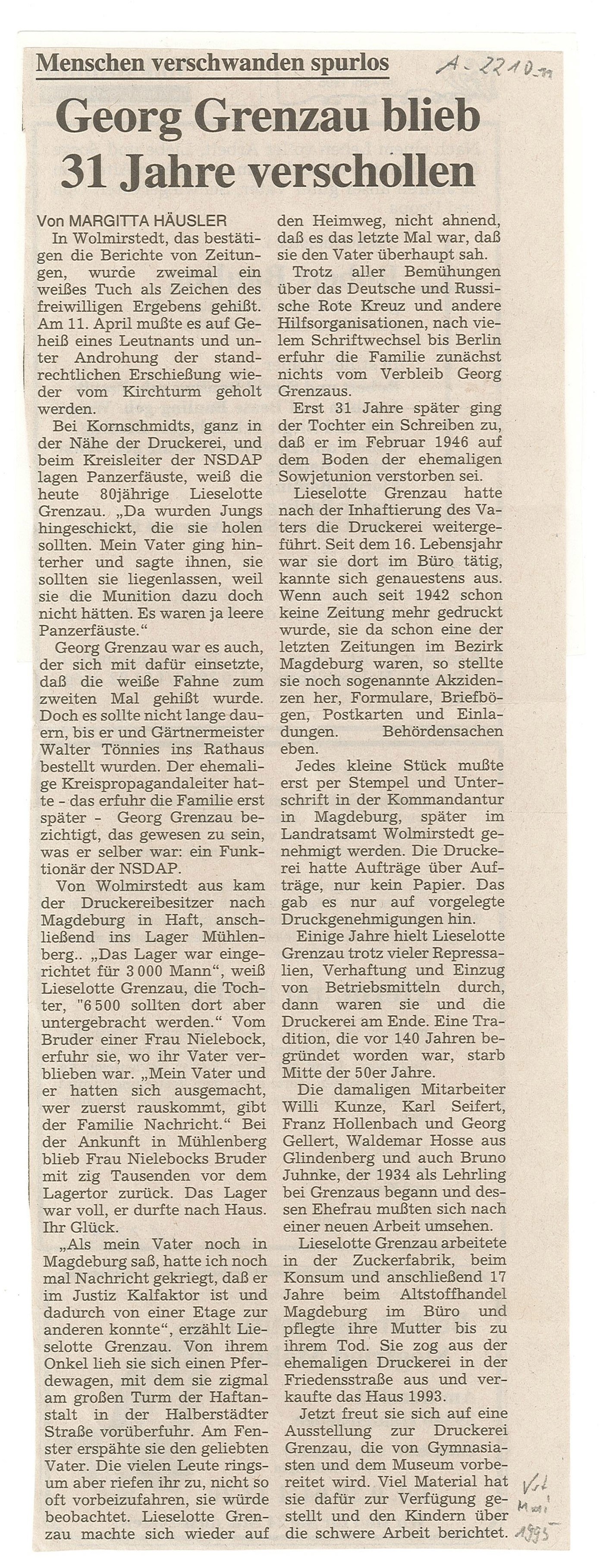 Volksstimme "G. Grenzau blieb 31 Jahr verschollen", 1995 (Museum Wolmirstedt RR-F)