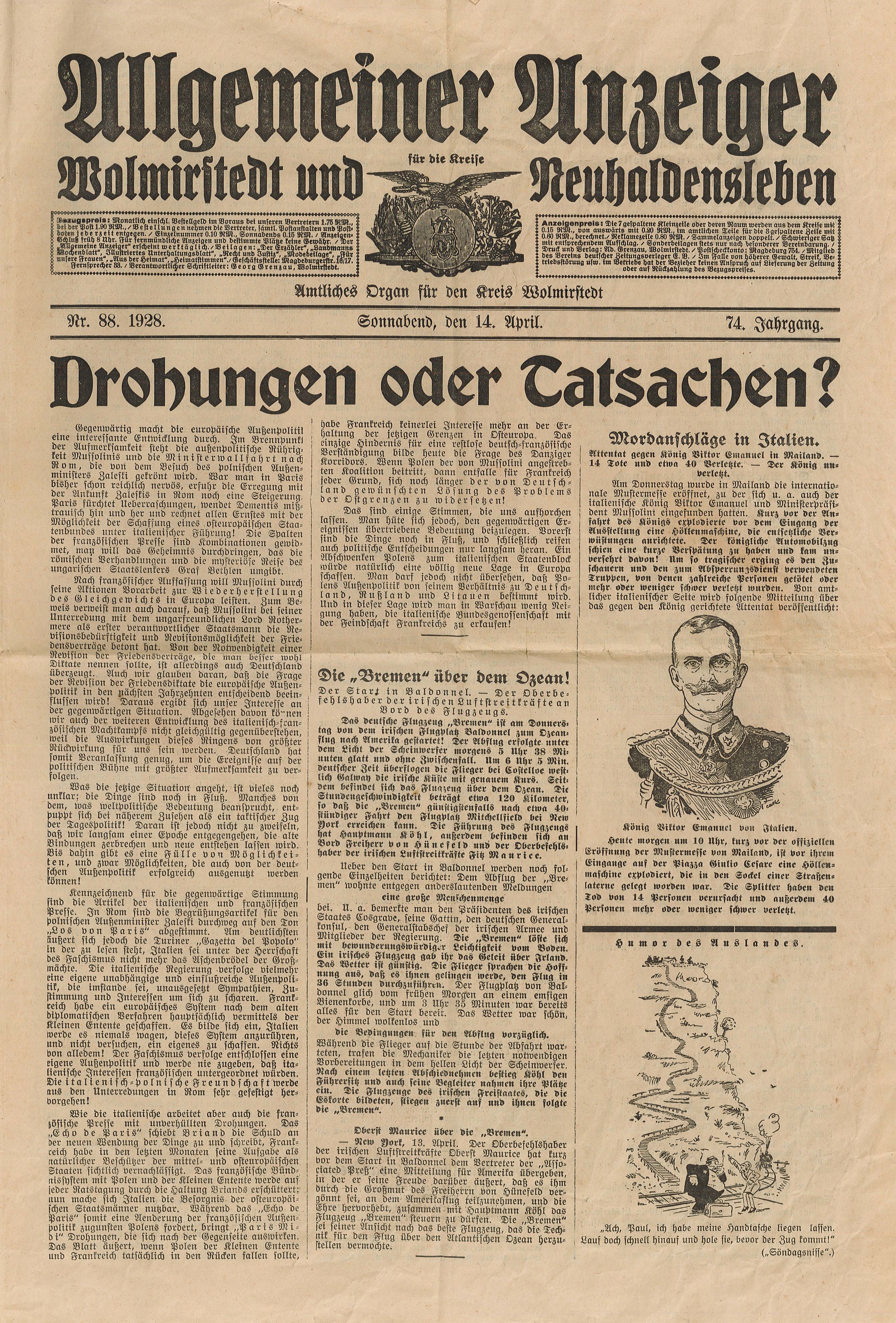 Allgemeiner Anzeiger für Kreise Wolmirstedt und Neuhaldensleben, Nr. 88, 74. Jg - 14.04.1928 (Museum Wolmirstedt RR-F)