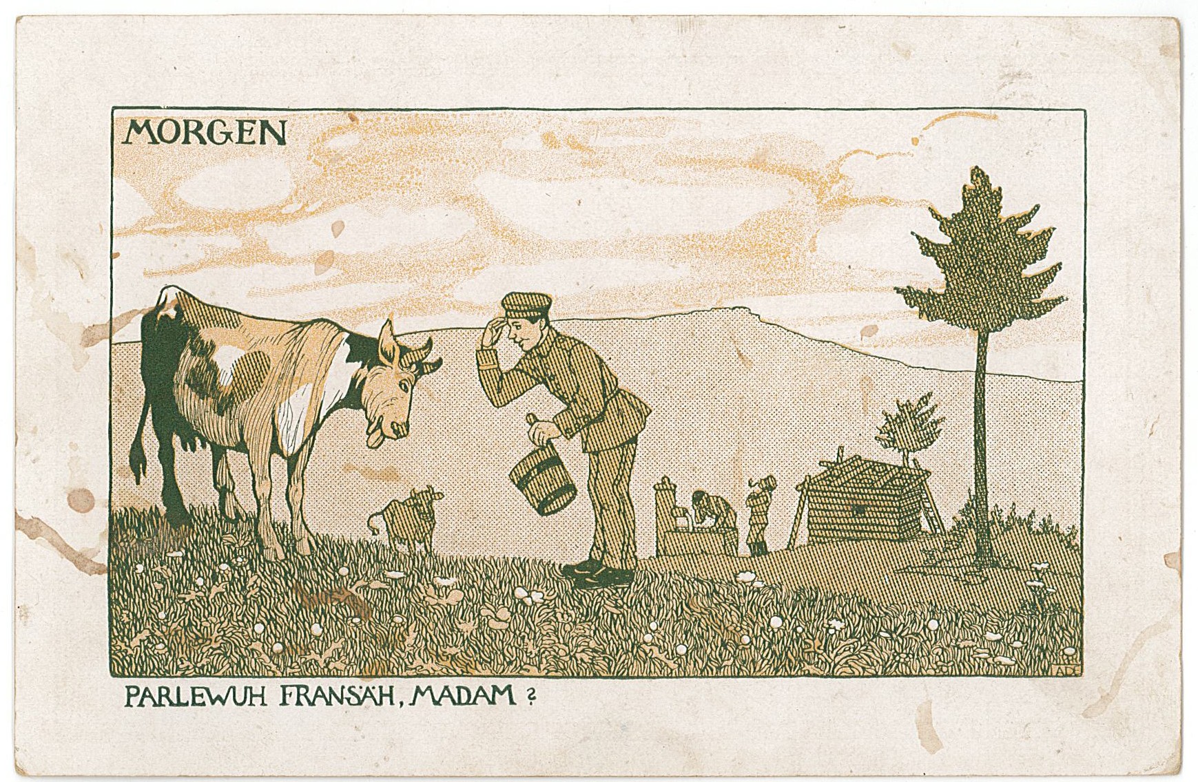 Feldpostkarte "Morgen: Parlewuh Fransäh, Madam?" (Museum Wolmirstedt RR-F)