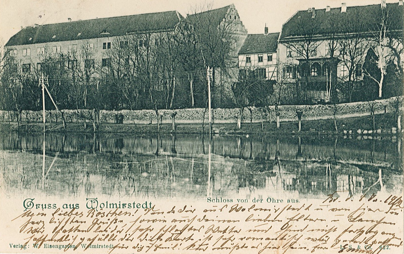 Ansichtskarte "Schloß von der Ohre aus, Wolmirstedt", 08.01.1902 (Museum Wolmirstedt RR-F)